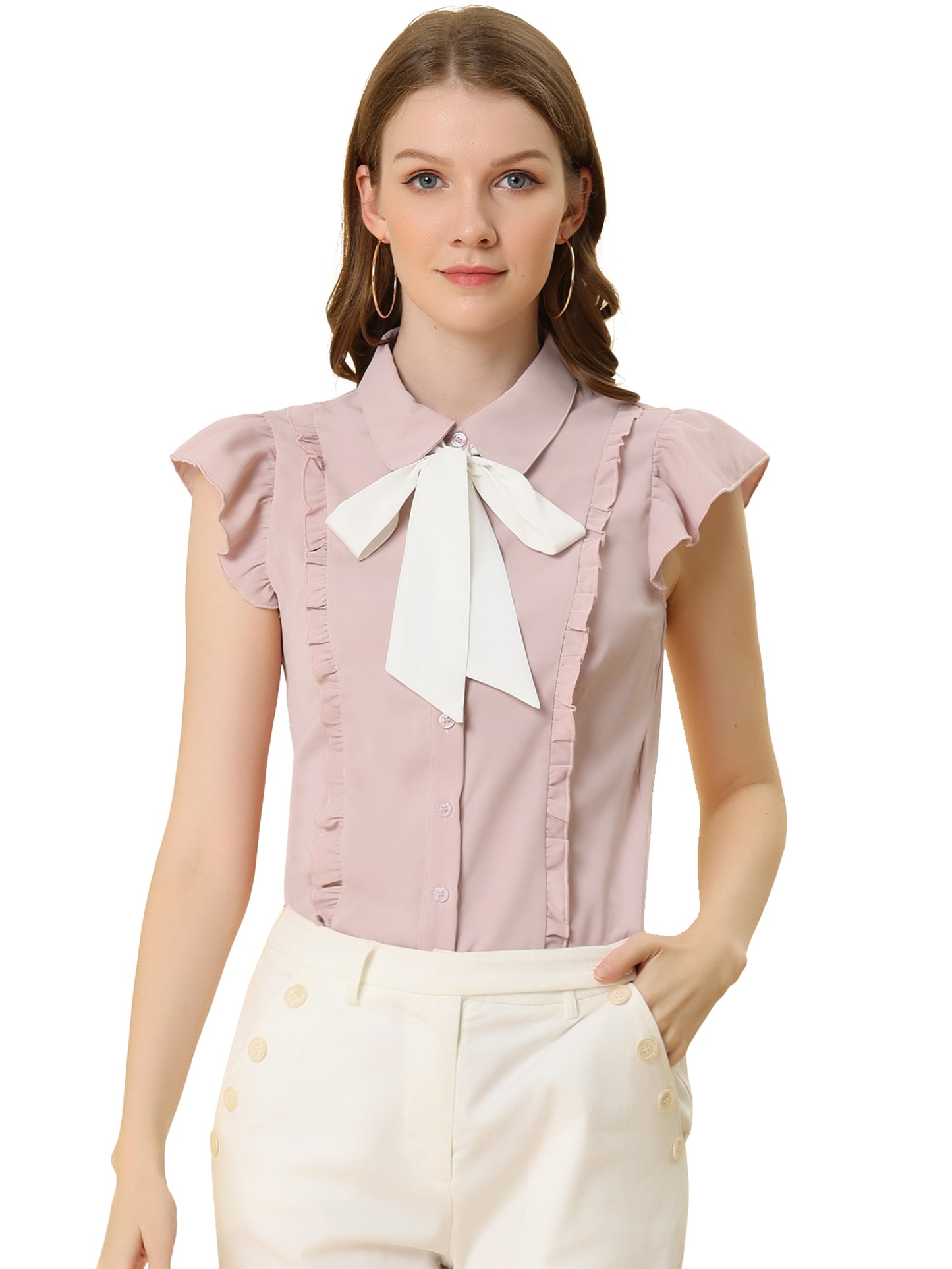 Women's Ruffles Cap Sleeve Tops Tie Neck Button Up Peter Pan Collar Blouse Shirts