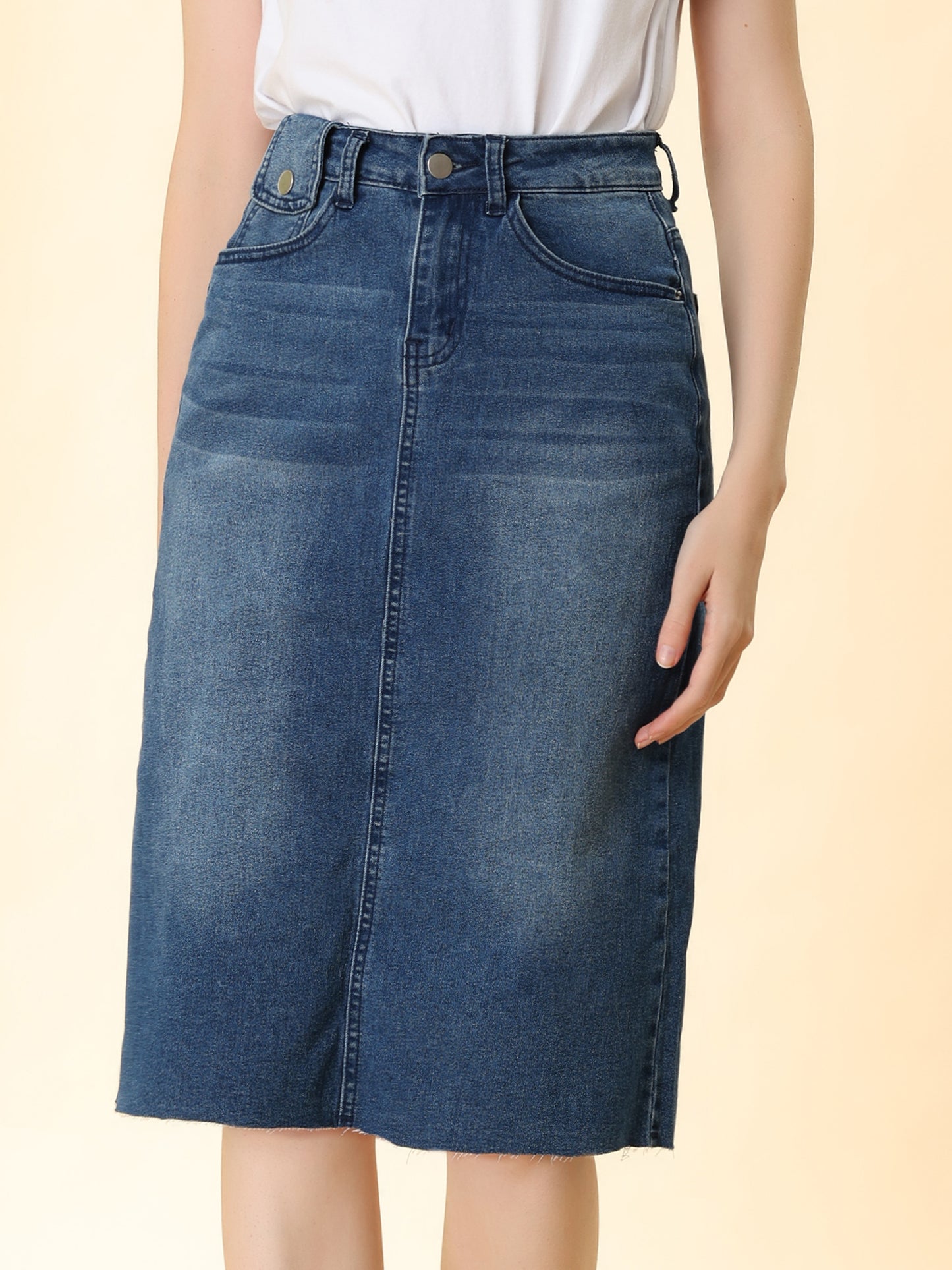 Women's Casual Jean Skirt High Waist Back Slit Stretch Denim Skirt (Available in Plus Size)