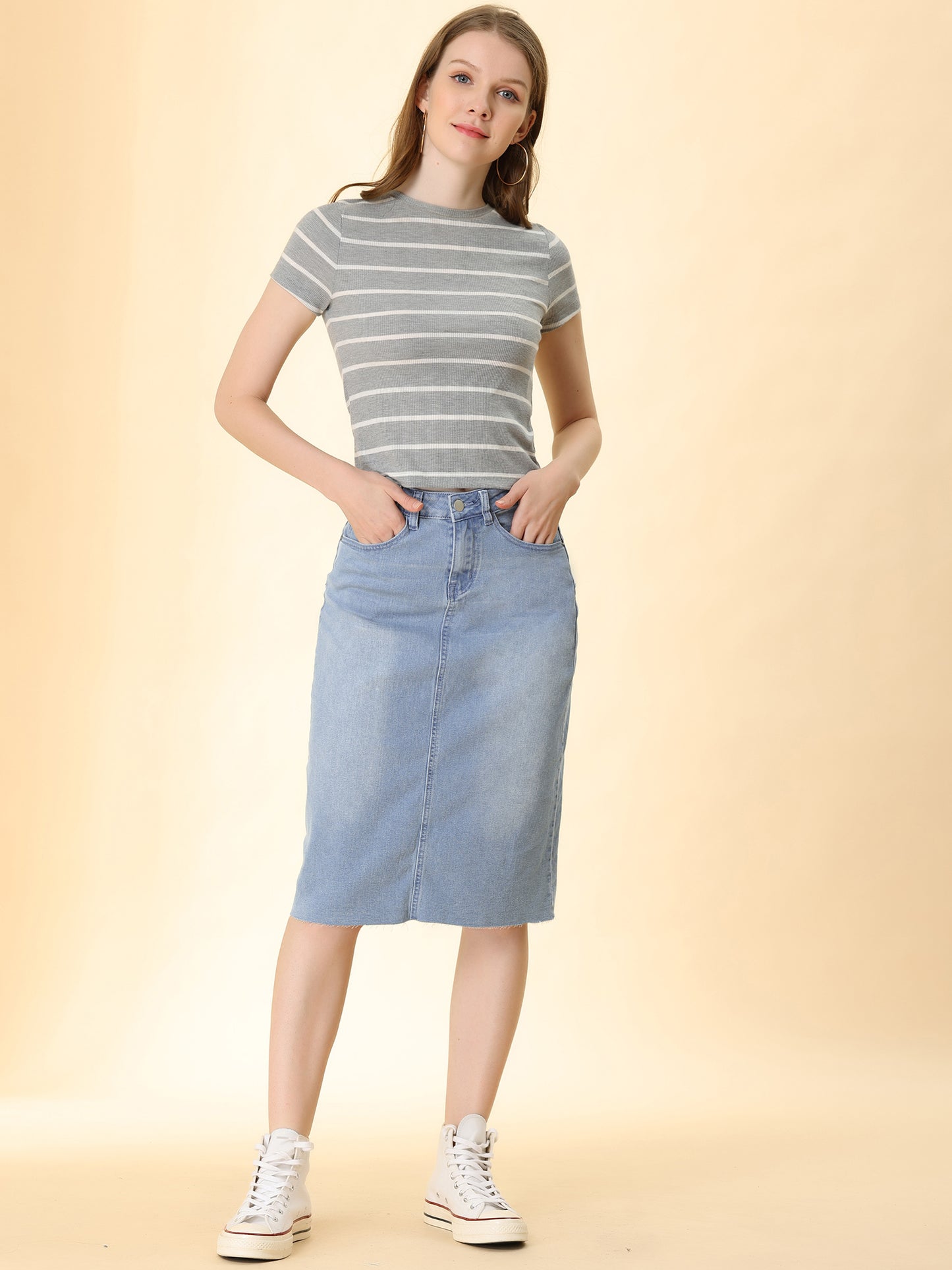 Women's Casual Jean Skirt High Waist Back Slit Stretch Denim Skirt (Available in Plus Size)