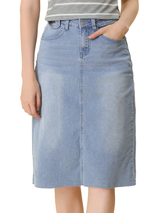 Women's Casual Jean Skirt High Waist Back Slit Stretch Denim Skirt (Available in Plus Size)
