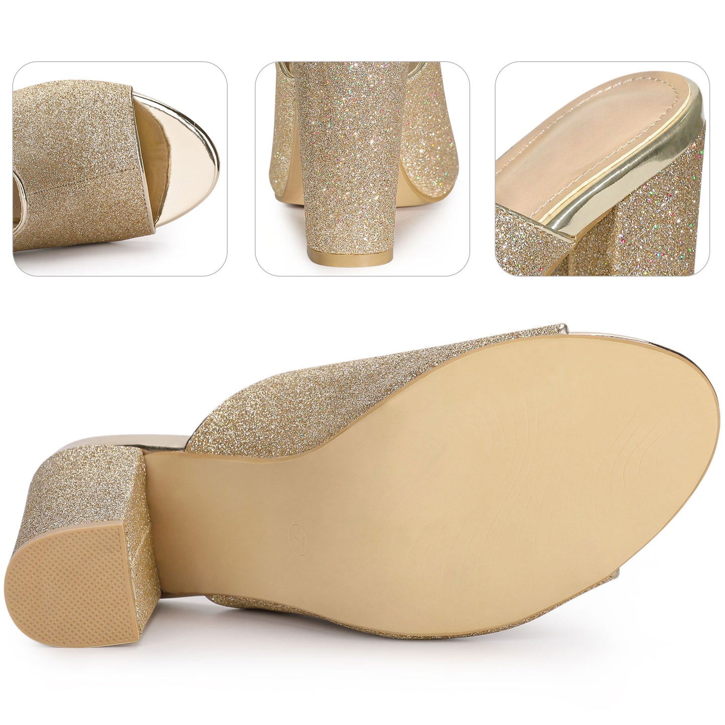 Sandalias tipo mule con tacón grueso y purpurina para mujer