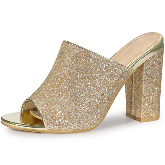 Sandalias tipo mule con tacón grueso y purpurina para mujer