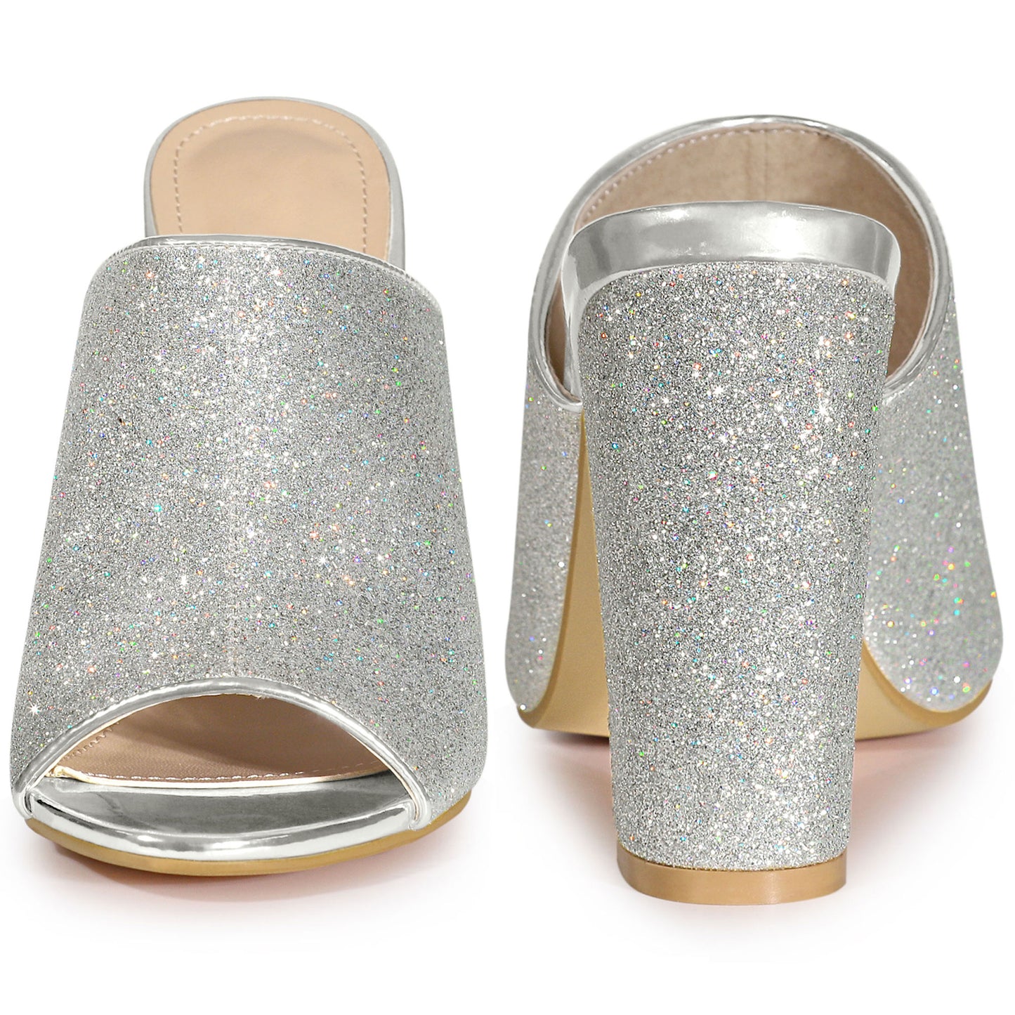 Sandalias tipo mule con tacón grueso y purpurina para mujer