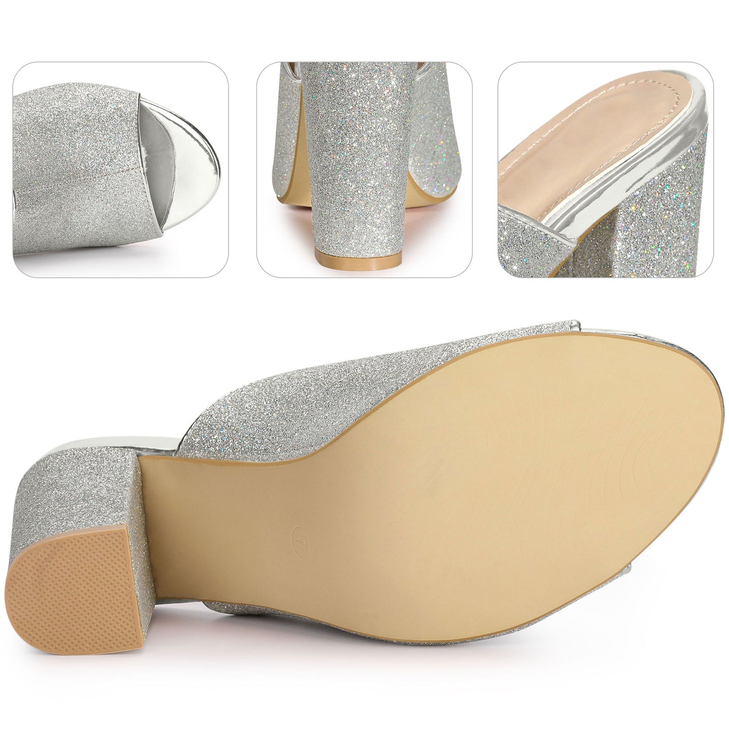 Sandalias tipo mule con tacón grueso y purpurina para mujer