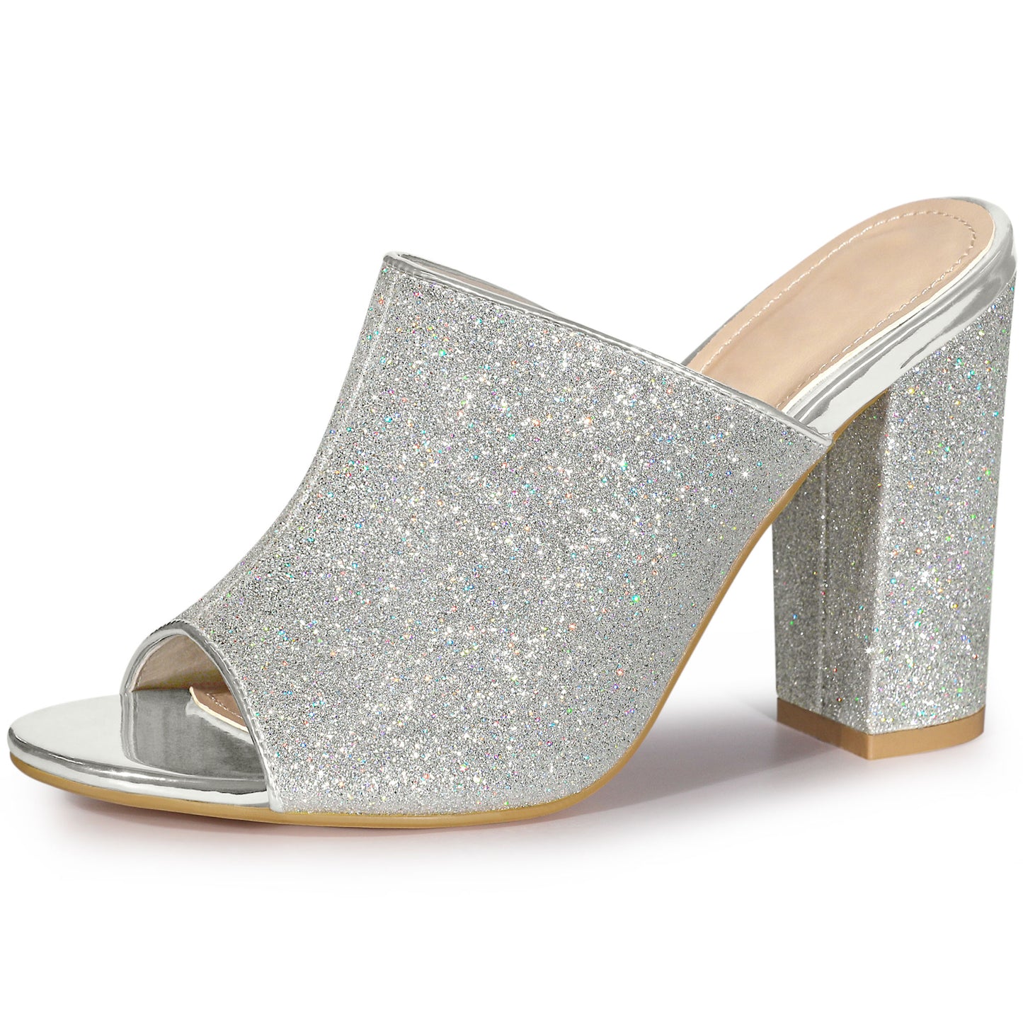 Sandalias tipo mule con tacón grueso y purpurina para mujer