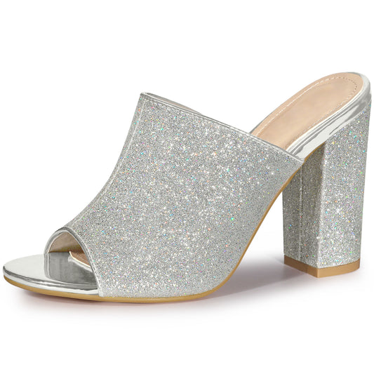 Sandalias tipo mule con tacón grueso y purpurina para mujer