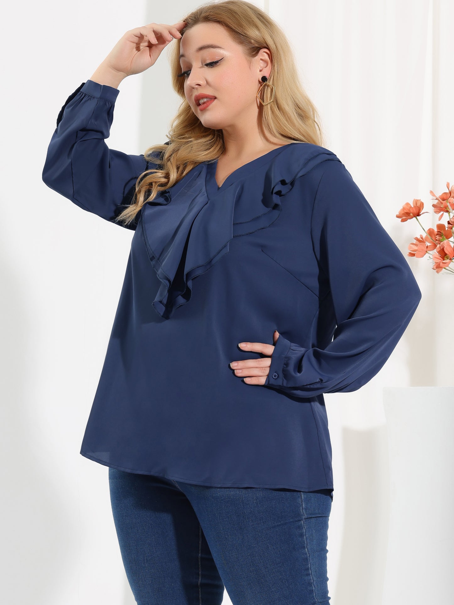 Women's Plus Size Ruffle Blouse Chiffon V Neck Long Sleeve Top