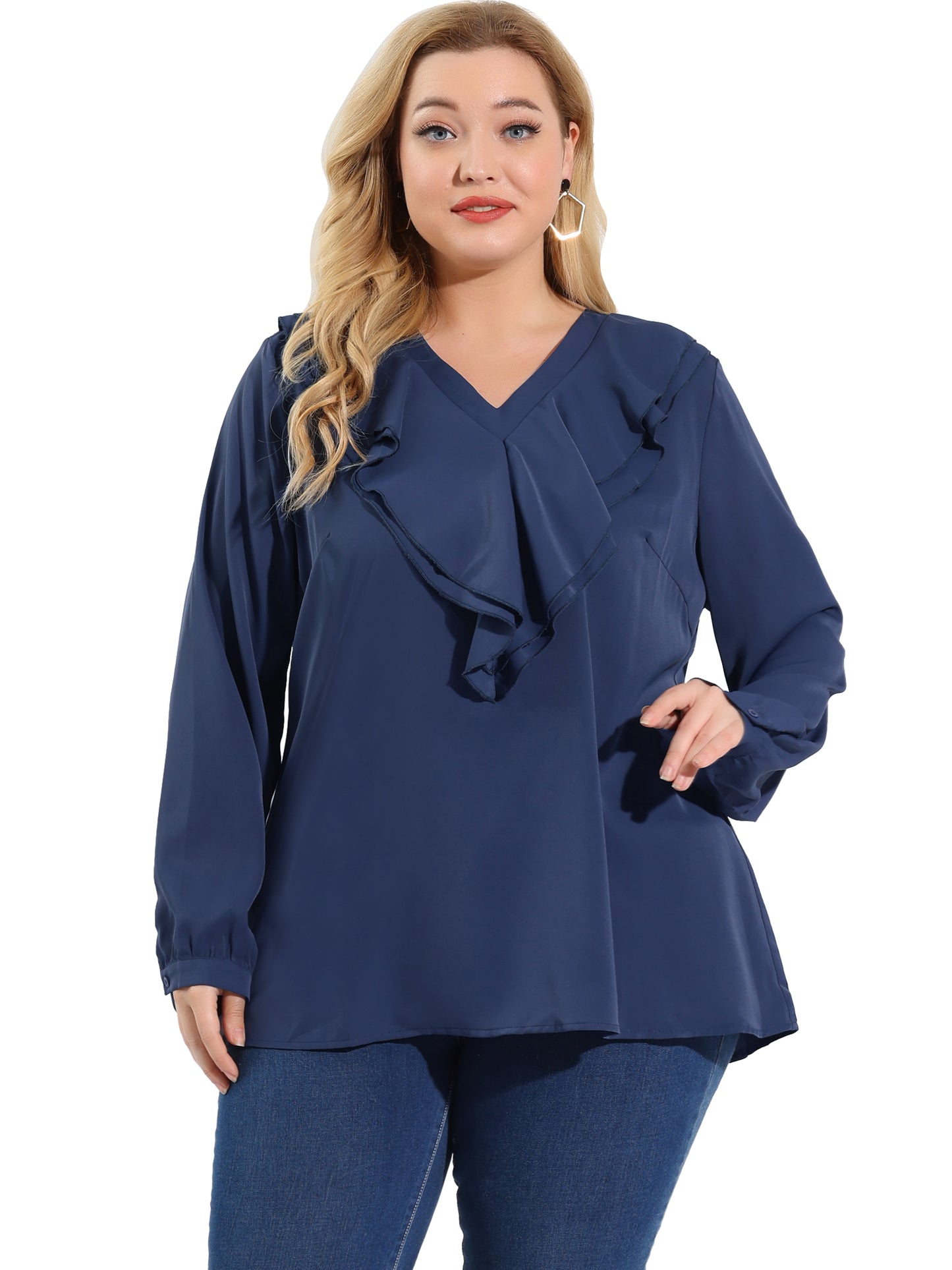 Women's Plus Size Ruffle Blouse Chiffon V Neck Long Sleeve Top
