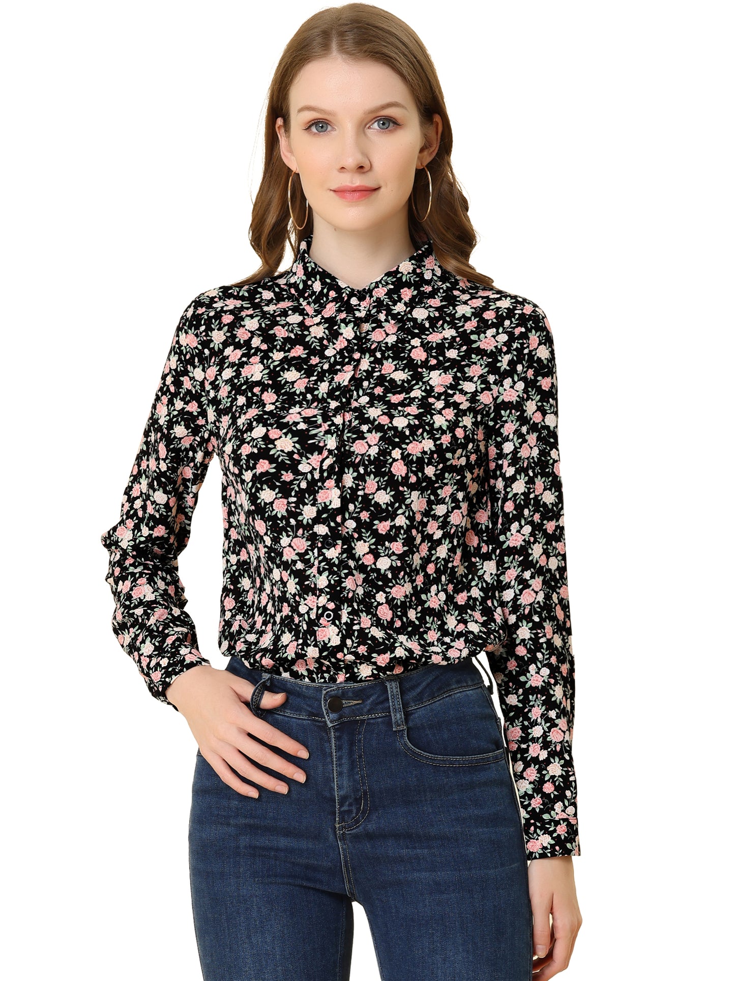 Women's Long Sleeve Button Down Ditsy Floral Shirt (Available in Plus Size)