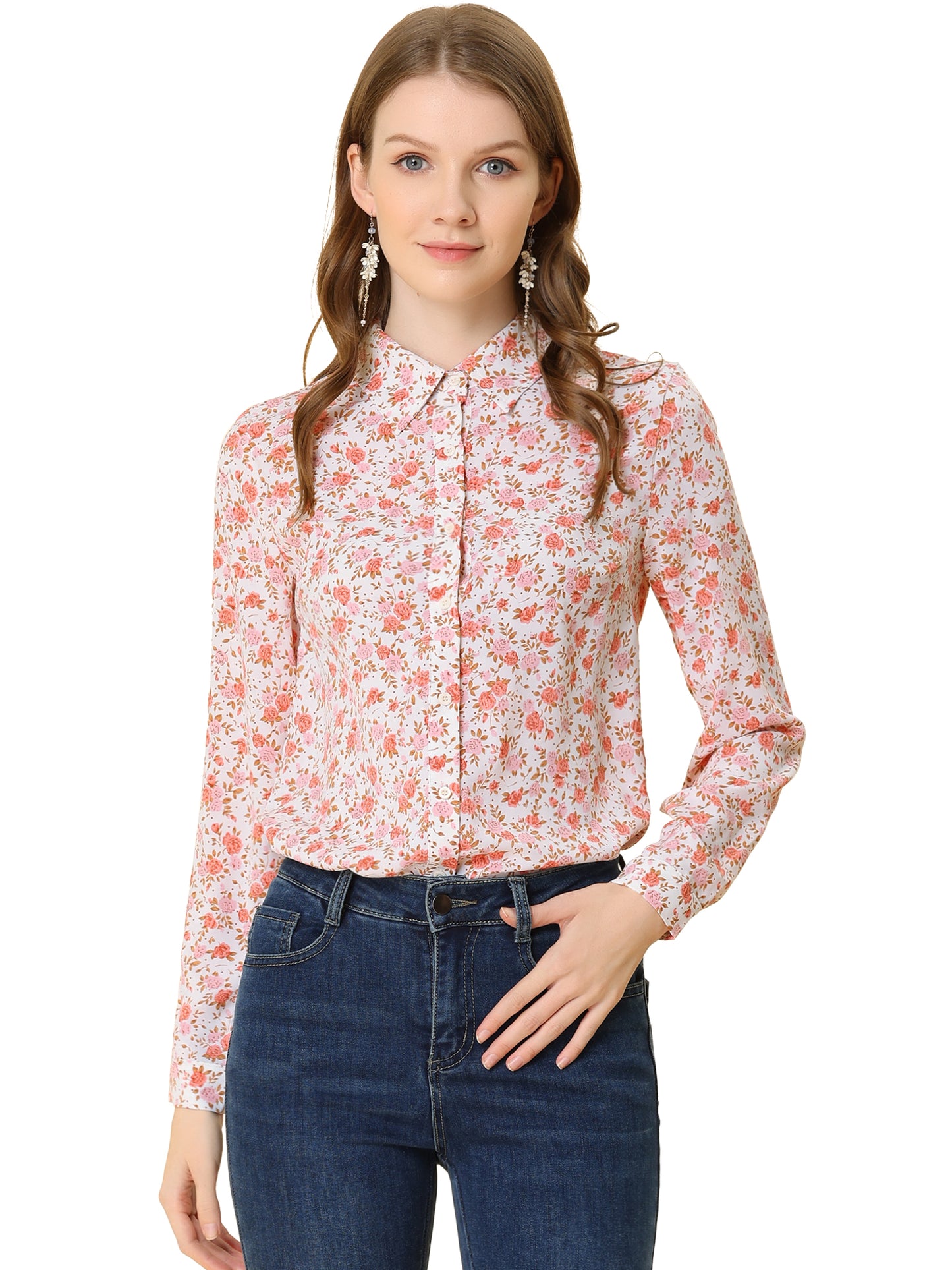 Women's Long Sleeve Button Down Ditsy Floral Shirt (Available in Plus Size)
