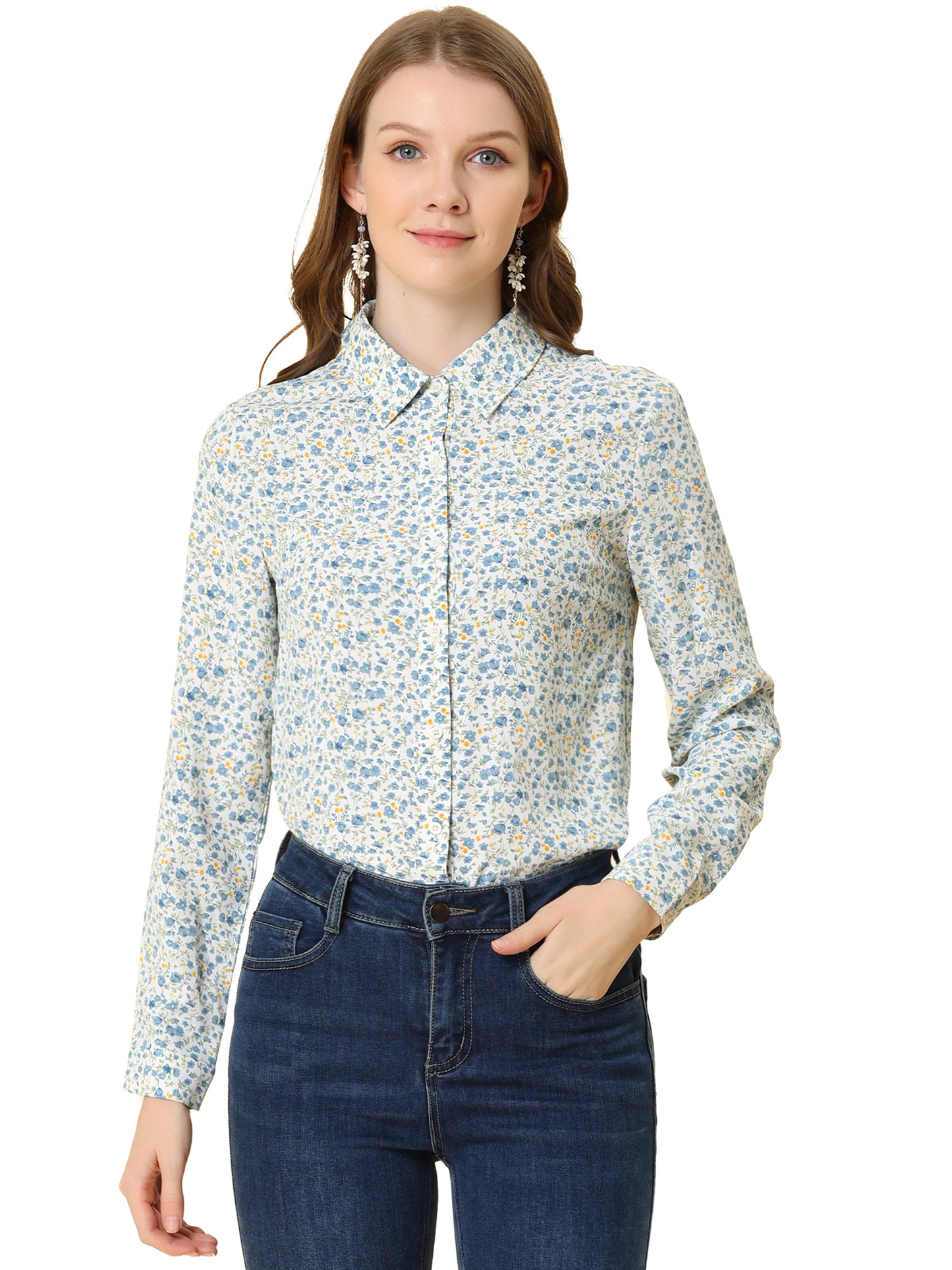 Women's Long Sleeve Button Down Ditsy Floral Shirt (Available in Plus Size)