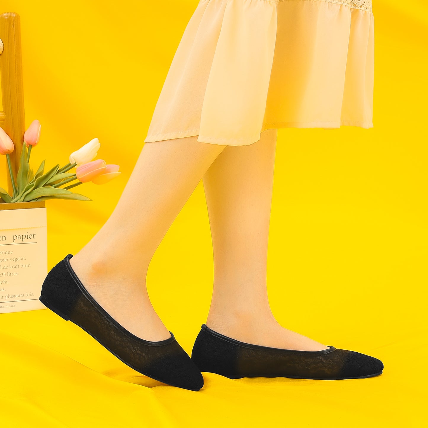 Bailarinas transpirables sin cordones con diseño floral de malla de encaje para mujer