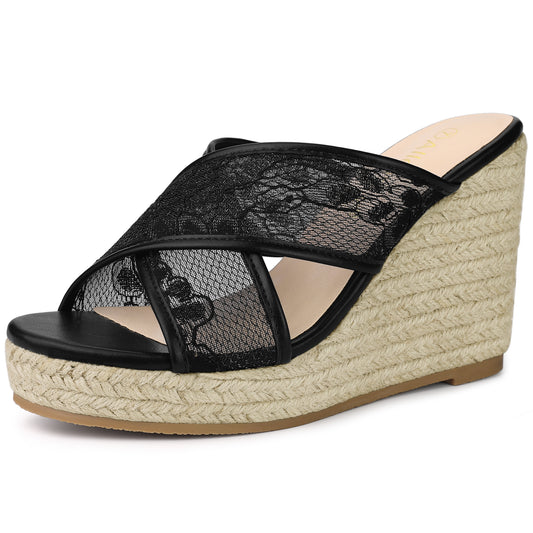 Women's Lace Crisscross Strap Slide Wedge Espadrilles Sandals