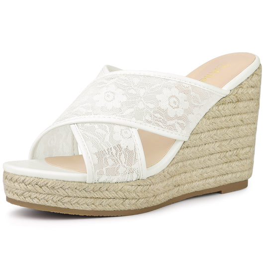 Sandalias de cuña con tiras cruzadas y encaje para mujer