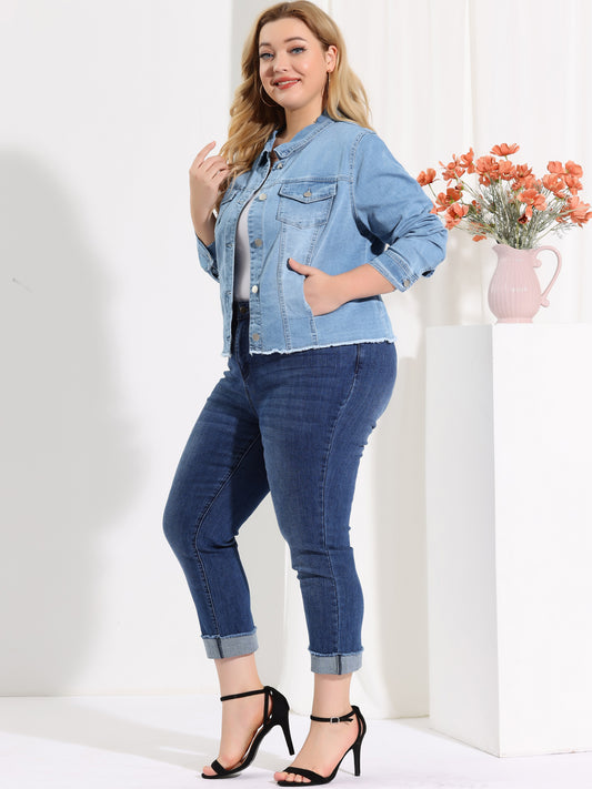 Women's Plus Size Classic Washed Front Frayed Denim Jacket