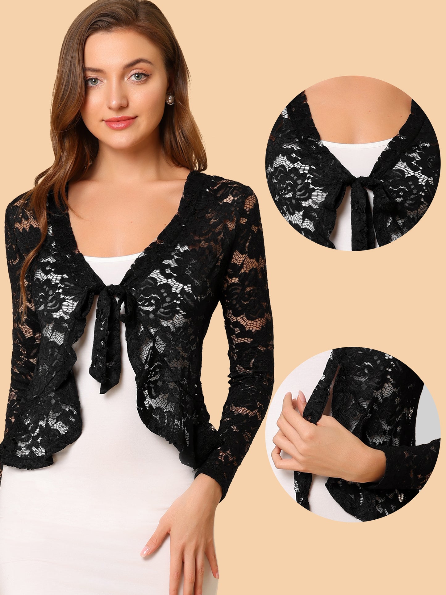 [PACK SALES] Women's 2 Pieces Tie Front Ruffled Hem Floral Lace Sheer Shrug Cropped Cardigan