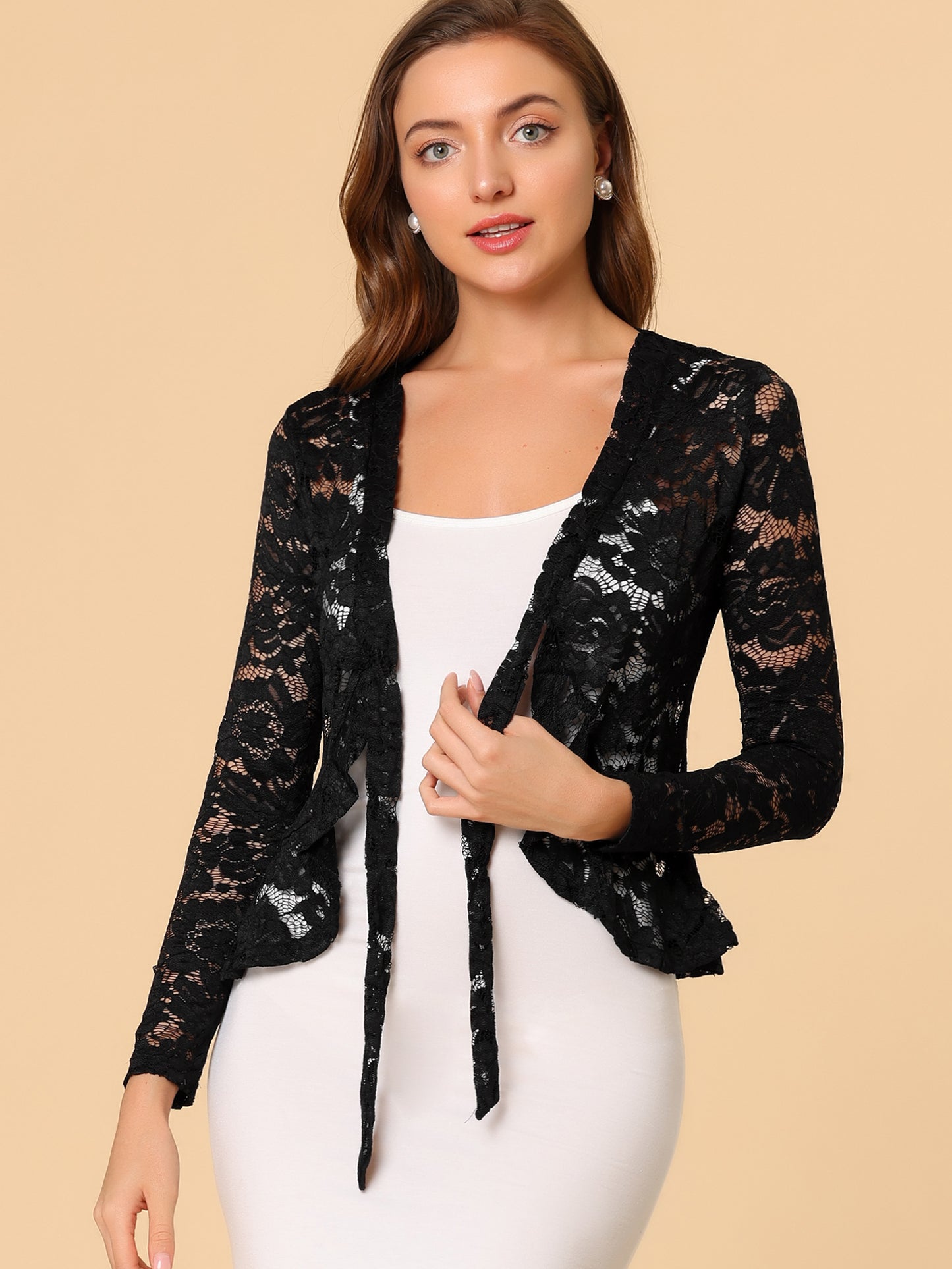 [PACK SALES] Women's 2 Pieces Tie Front Ruffled Hem Floral Lace Sheer Shrug Cropped Cardigan