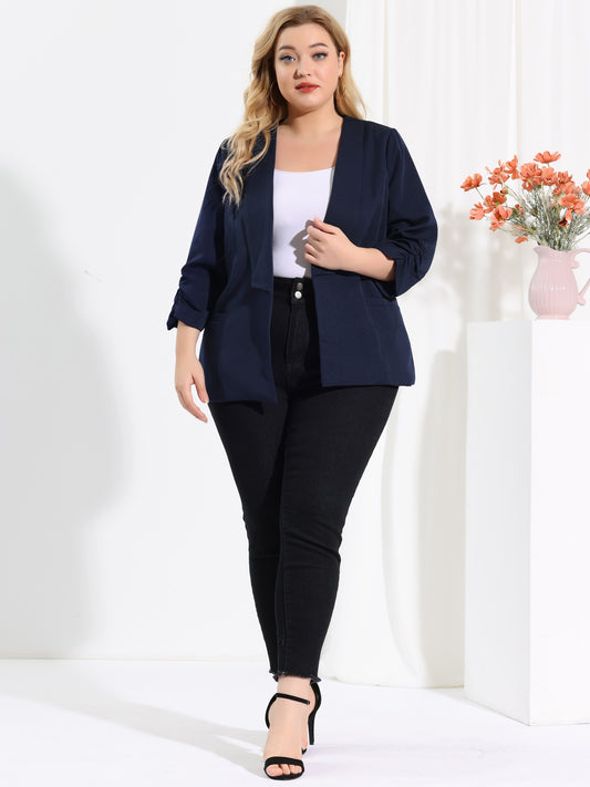 Women's Plus Size Shawl Collar Open Front 3/4 Ruched Sleeve Work Office Lightweight Blazer