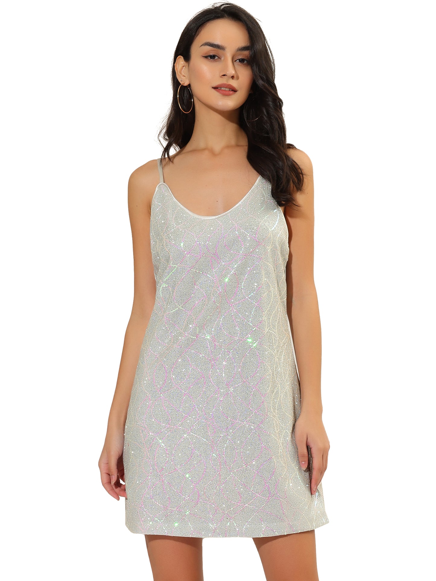 Women's V Neck Spaghetti Strap Glitter Sequin Mini Party Dress (Available in Plus Size)