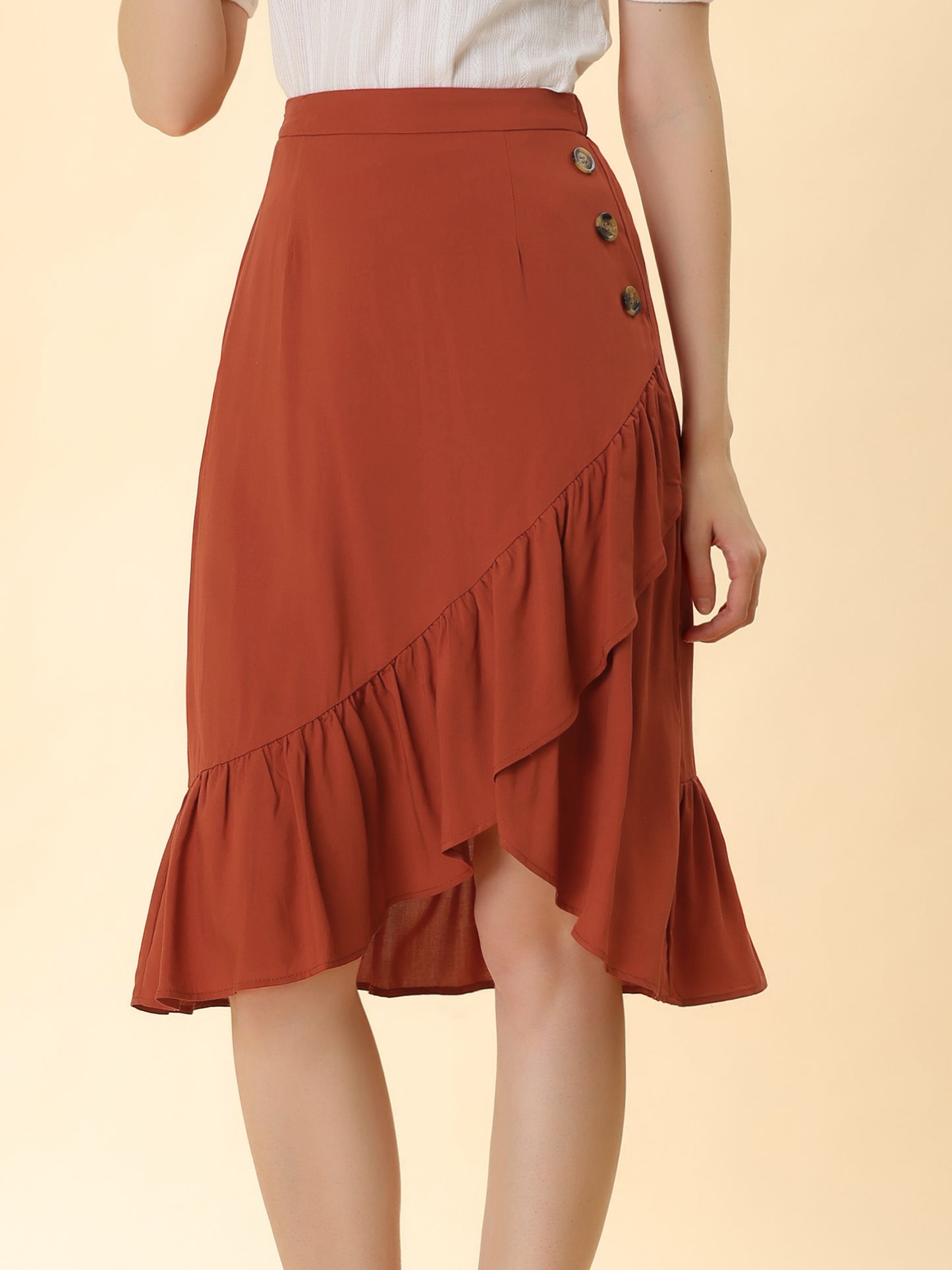 Women's High Waisted Button Decor Asymmetrical Ruffle Hem Skirt