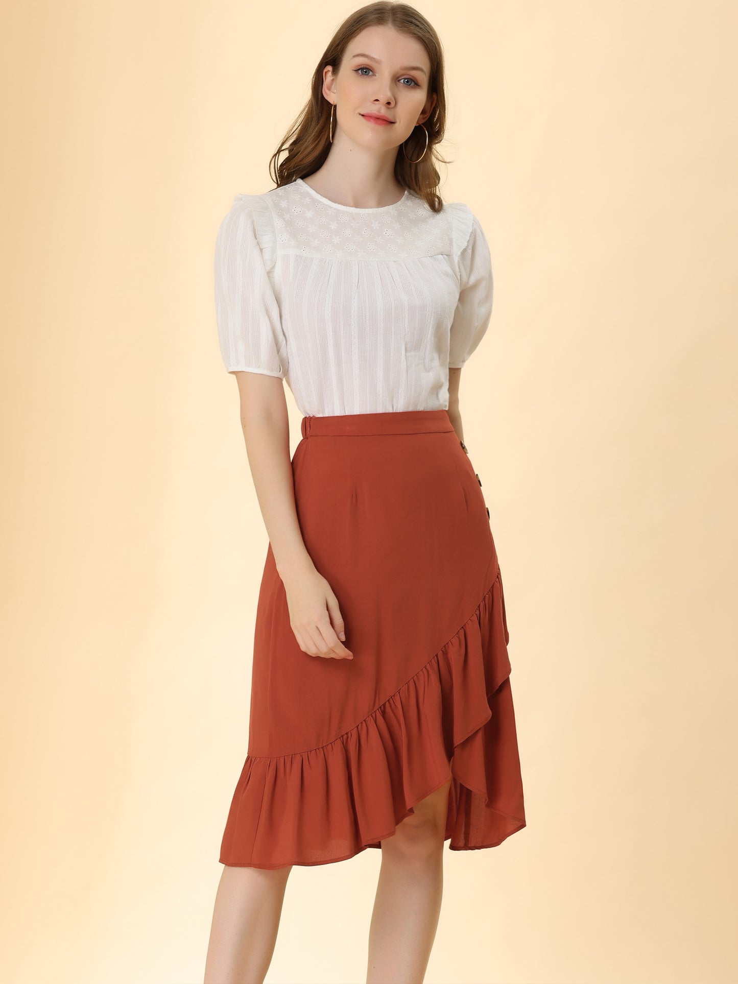 Women's High Waisted Button Decor Asymmetrical Ruffle Hem Skirt