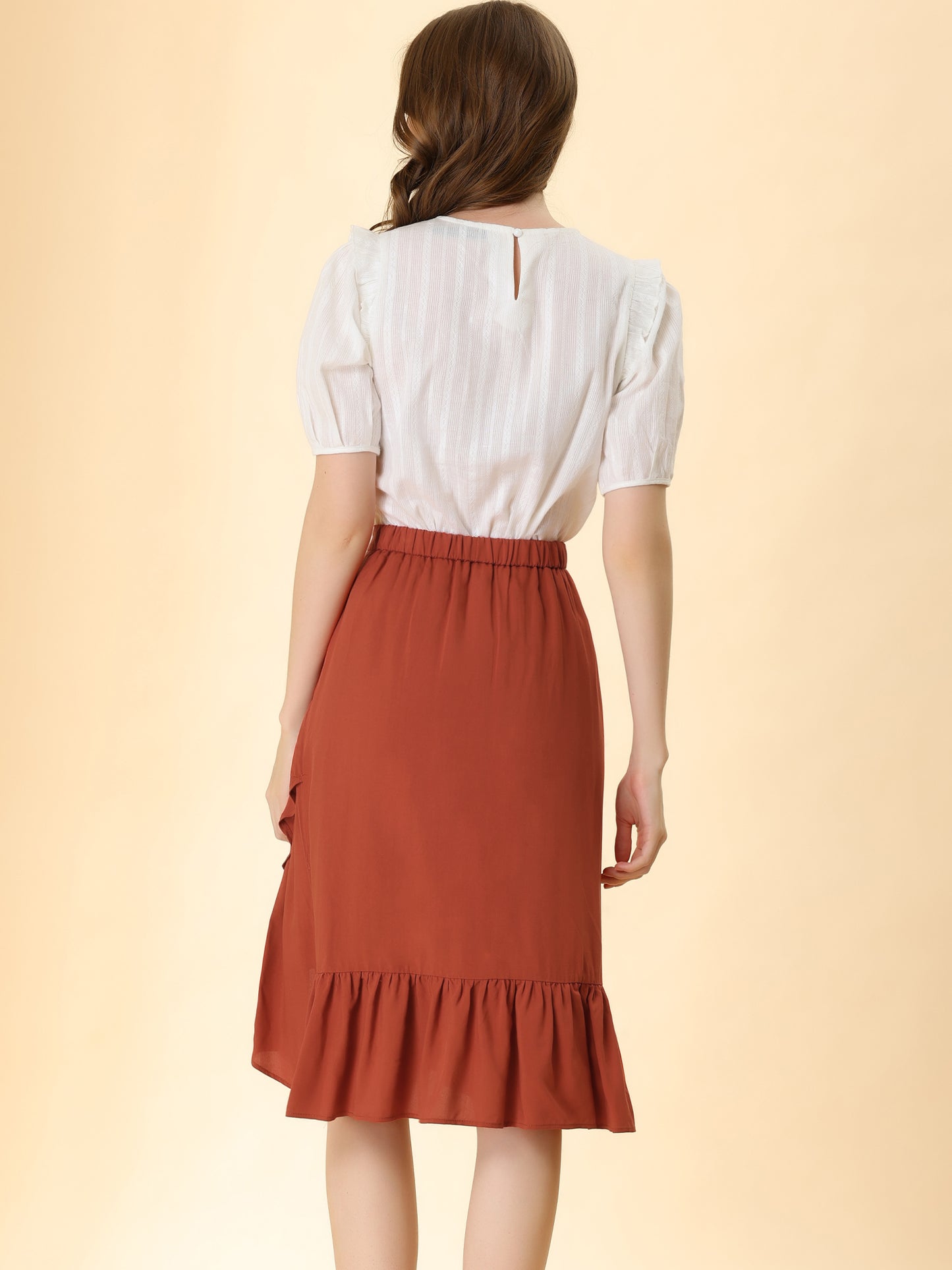 Women's High Waisted Button Decor Asymmetrical Ruffle Hem Skirt