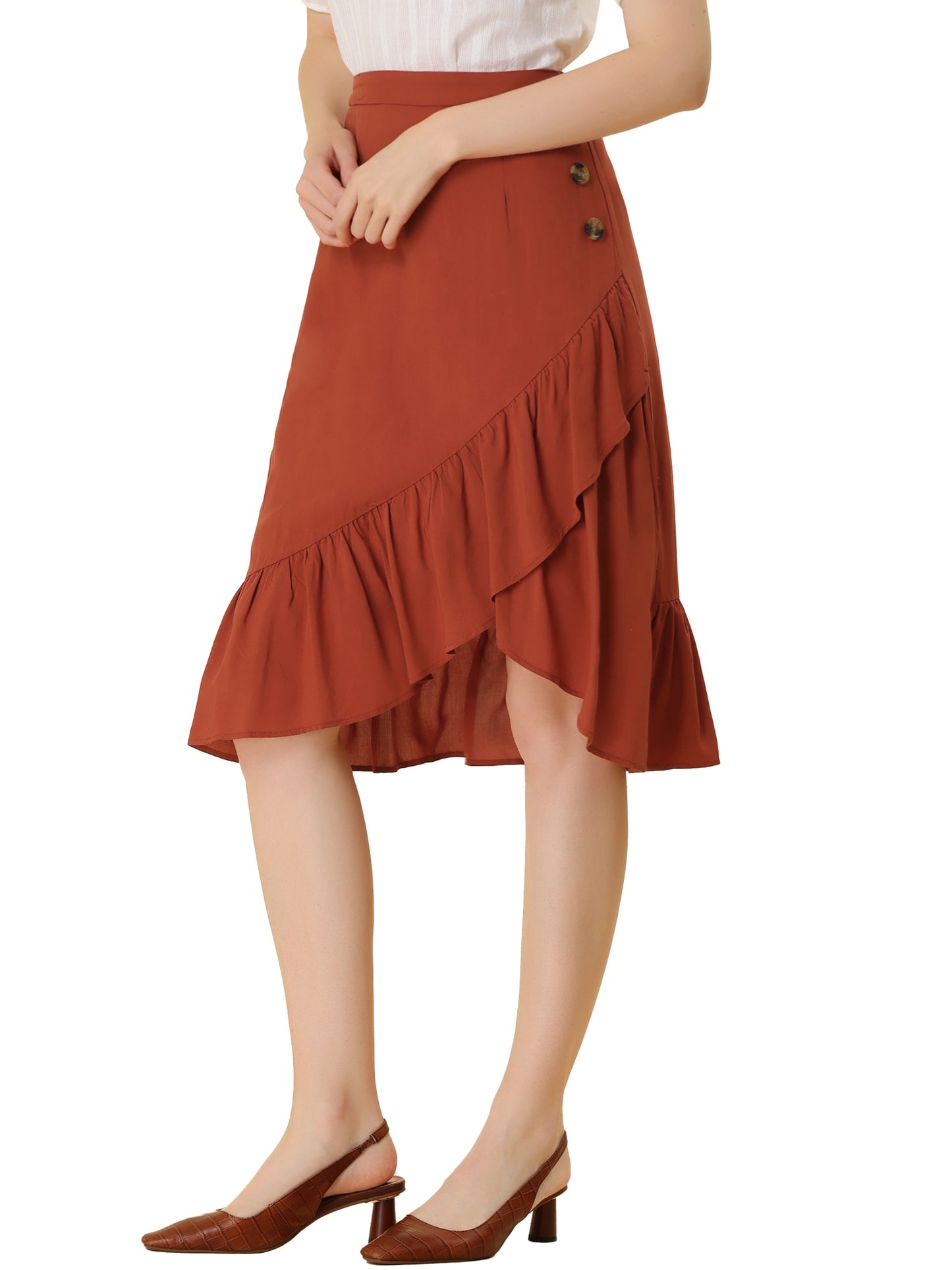 Women's High Waisted Button Decor Asymmetrical Ruffle Hem Skirt