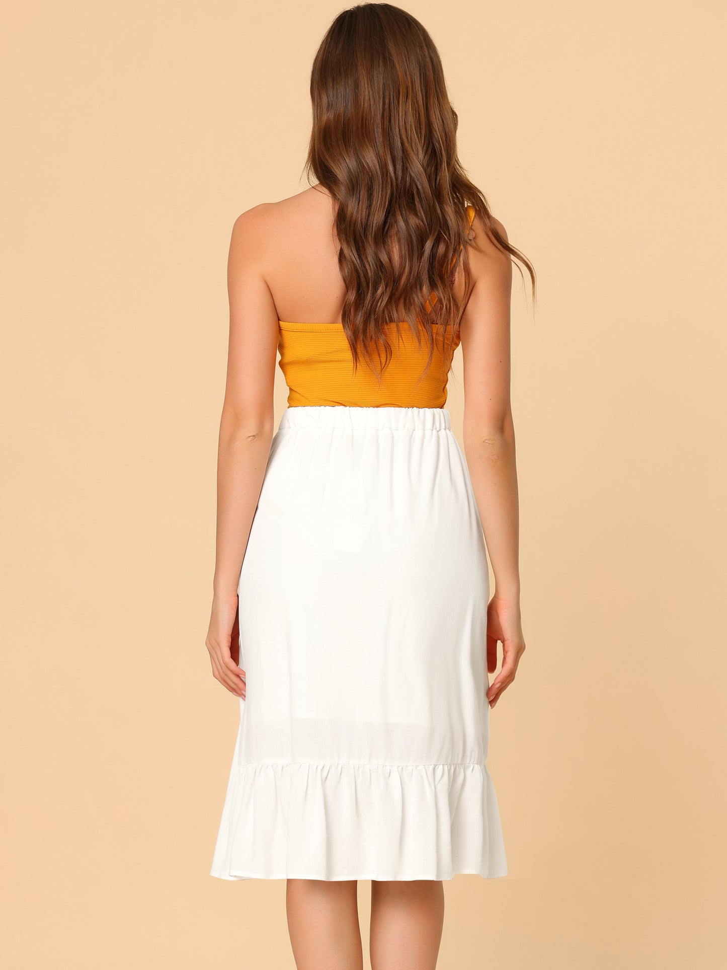 Women's High Waisted Button Decor Asymmetrical Ruffle Hem Skirt