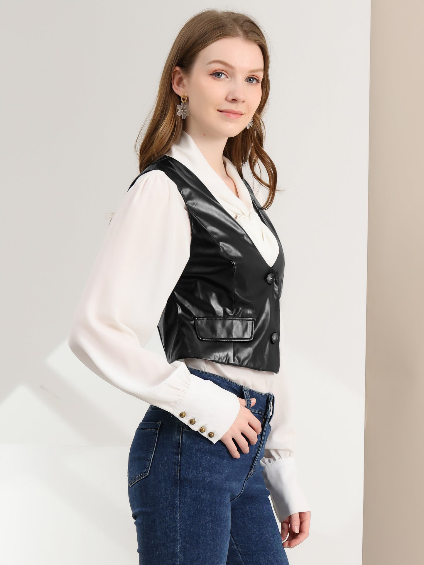 Women's Racerback Suit Vest Sleeveless Versatile PU Faux Leather Vest