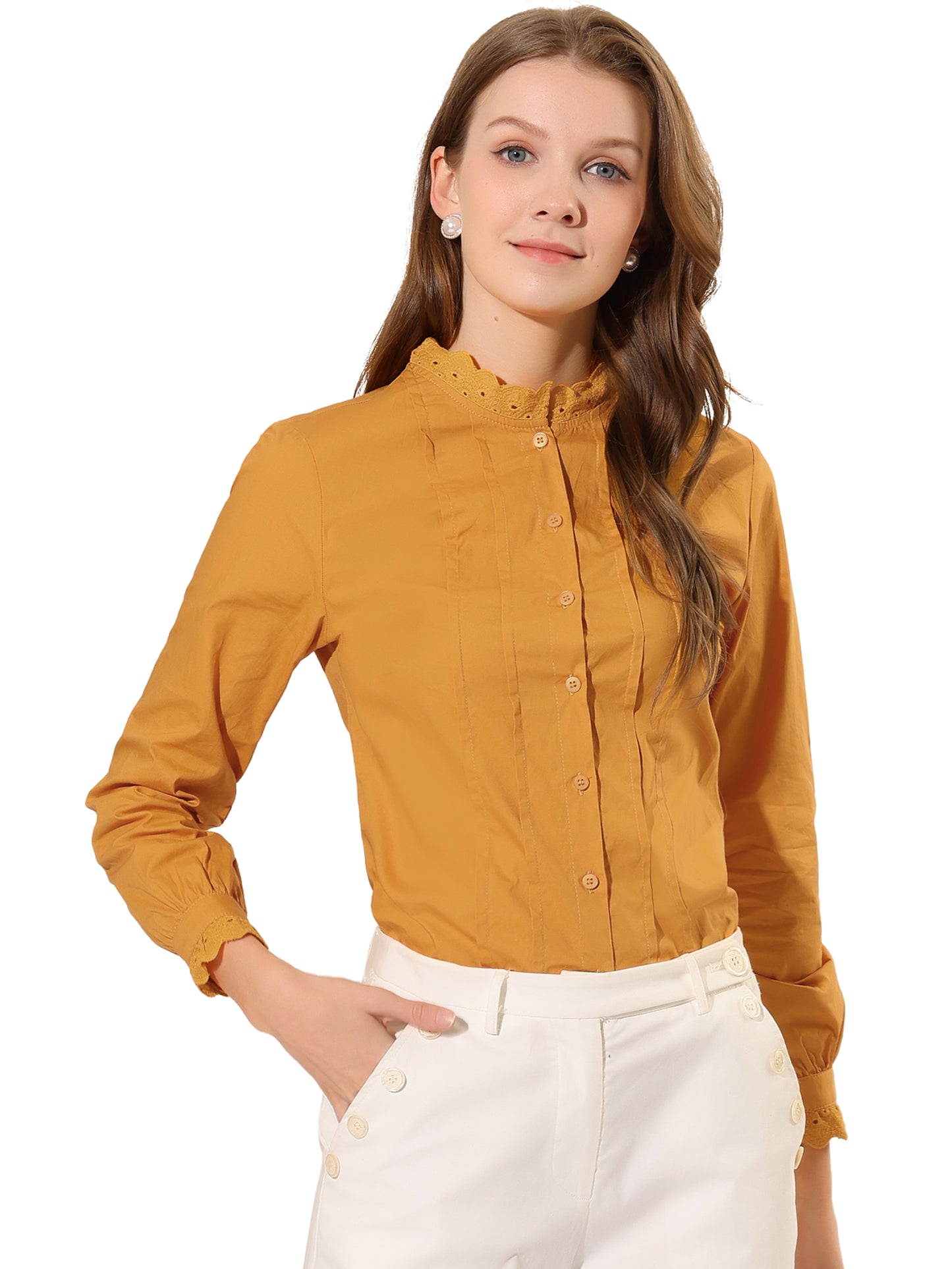 Women's Mock Neck Blouse Ruffle Work Office Cotton Pleated Button Up Shirt