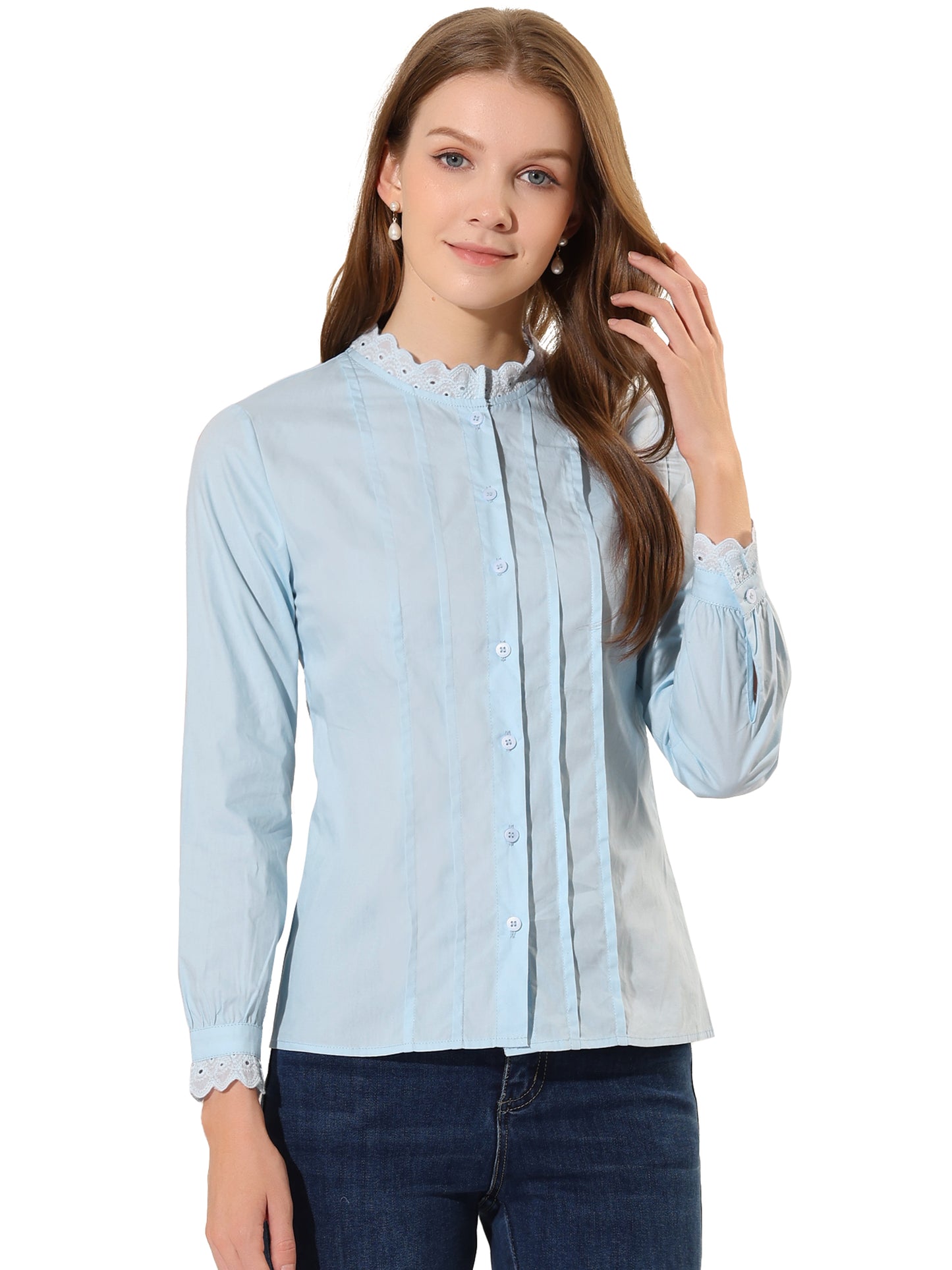 Women's Mock Neck Blouse Ruffle Work Office Cotton Pleated Button Up Shirt