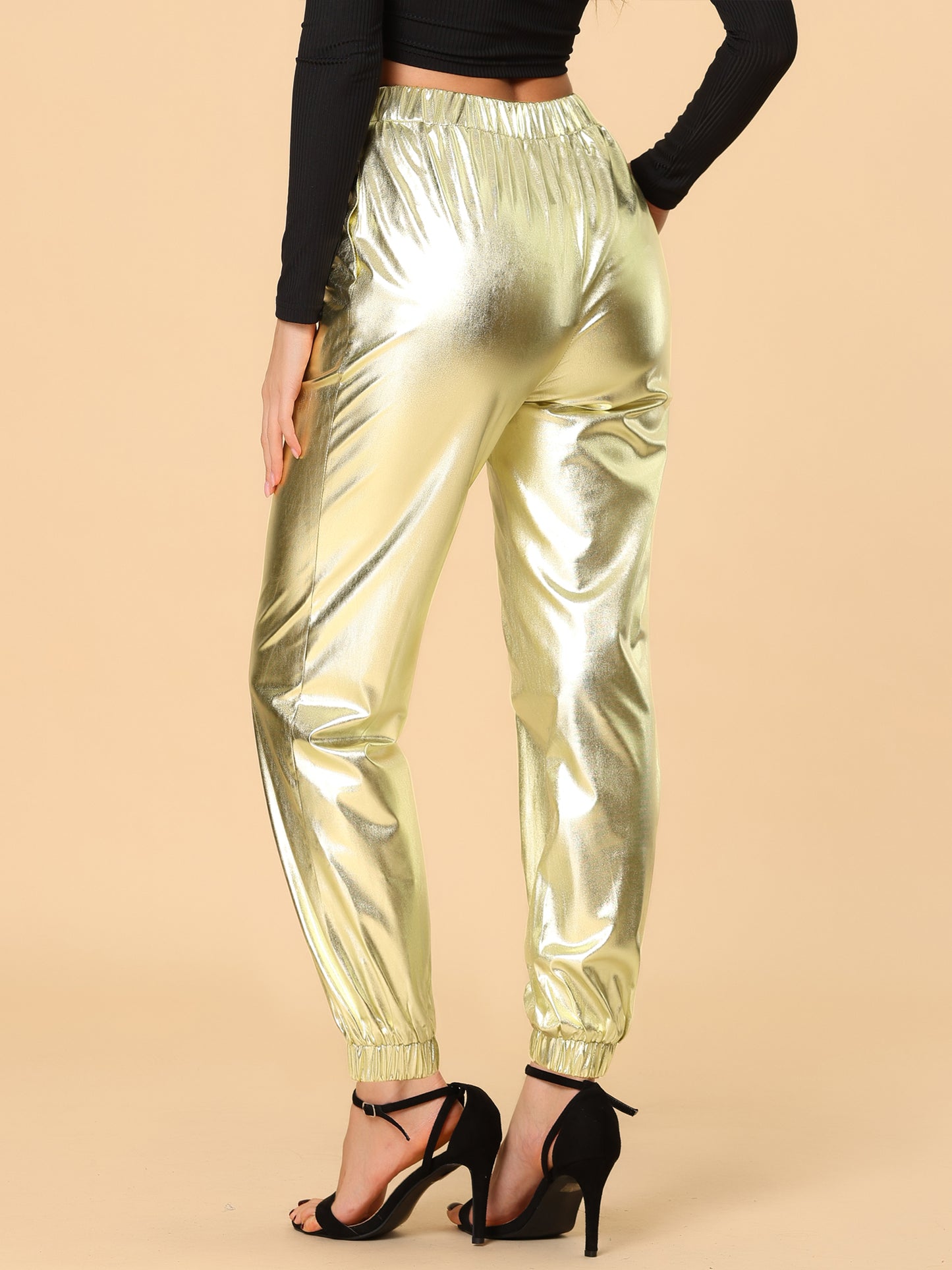 Women's Metallic Trousers Festive Shiny Sparkle Elastic Waist Holographic Pants (Available in Plus Size)