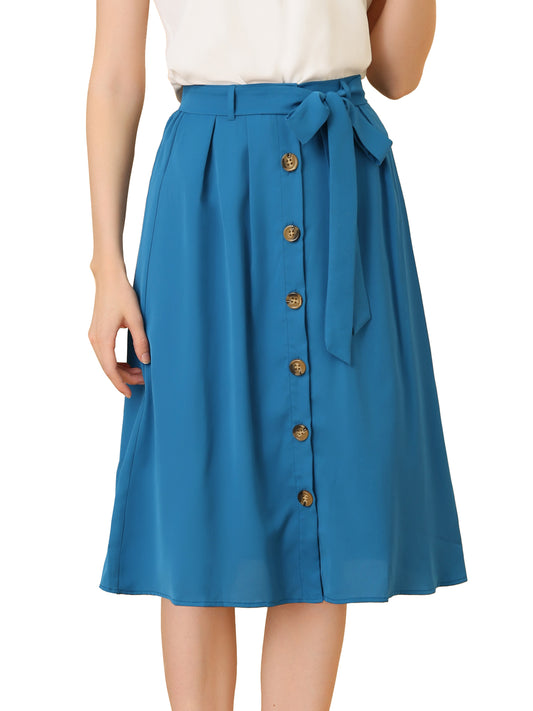 Women's High Waist Button Front Belted A-Line Casual Midi Skirt