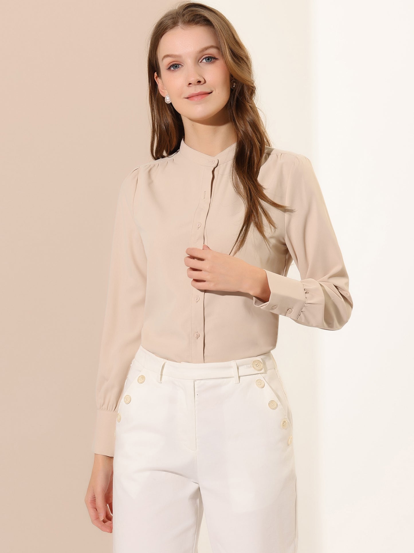 Women's Button Down Long Sleeve Mandarin Collar Work Shirt (Available in Plus Size)