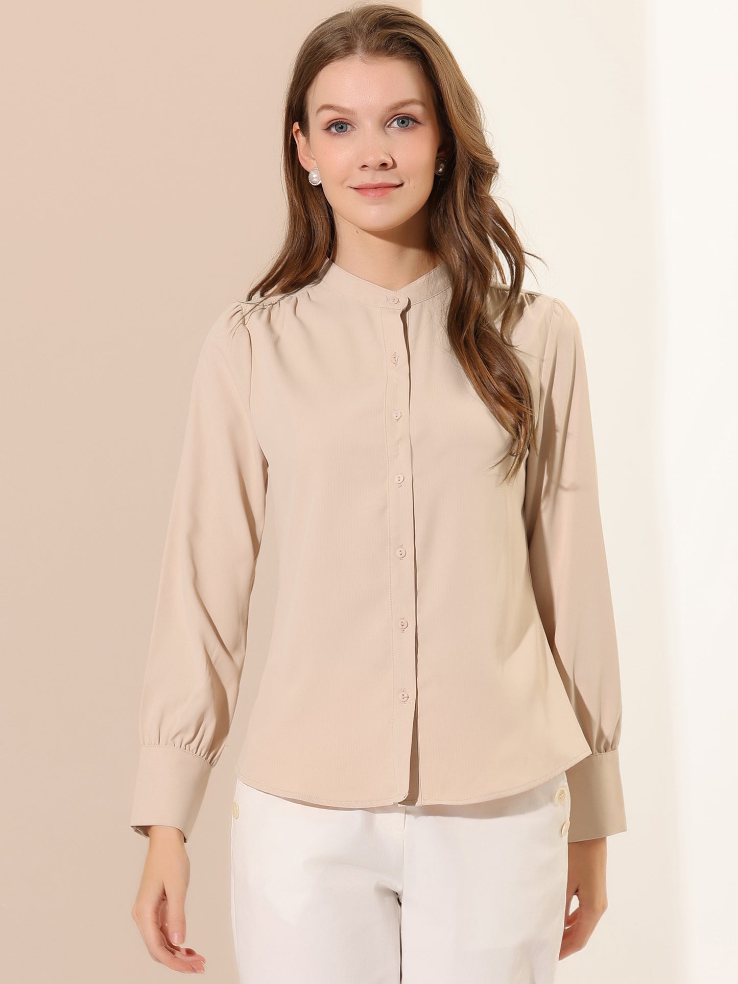 Women's Button Down Long Sleeve Mandarin Collar Work Shirt (Available in Plus Size)