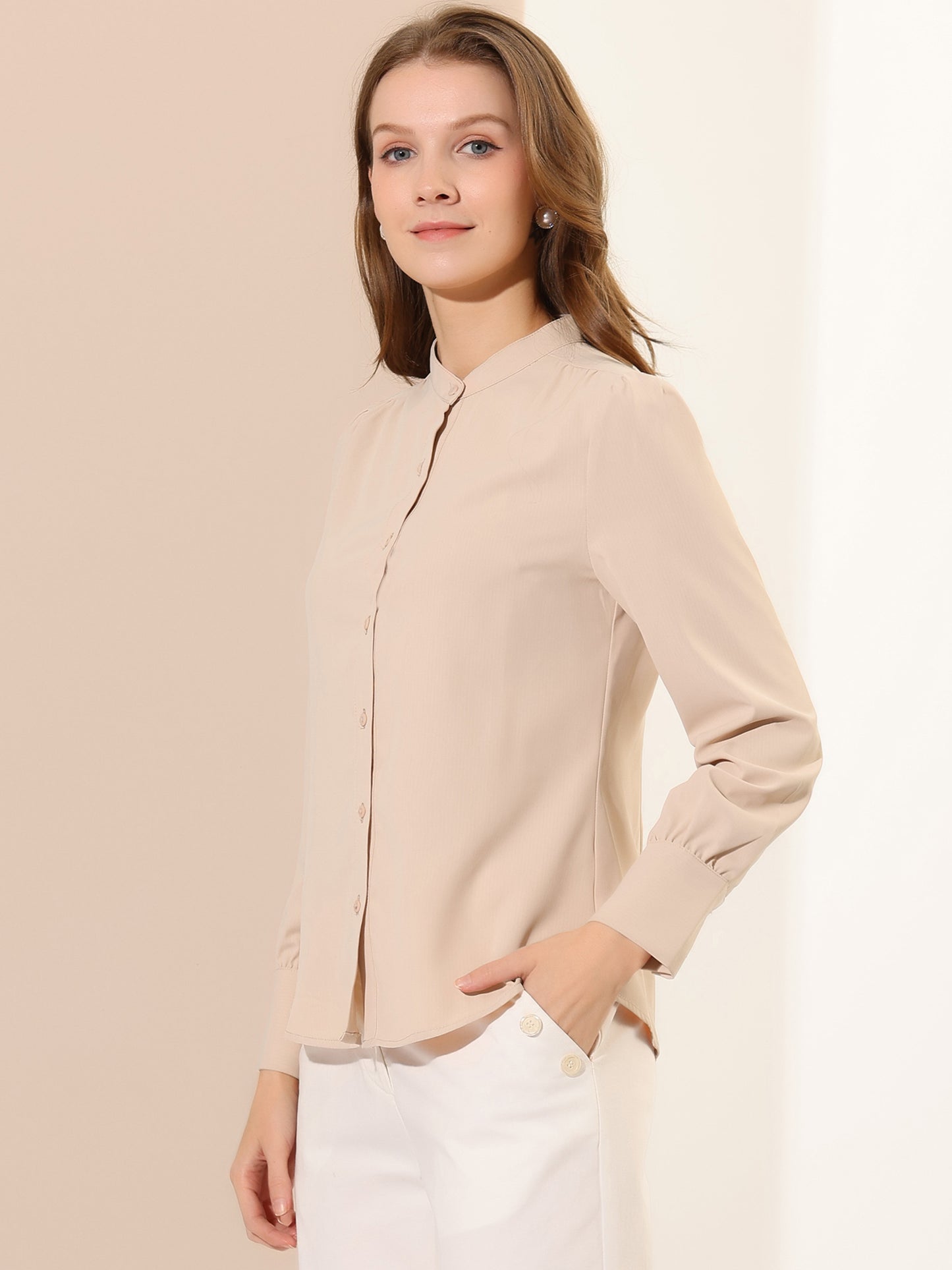 Women's Button Down Long Sleeve Mandarin Collar Work Shirt (Available in Plus Size)
