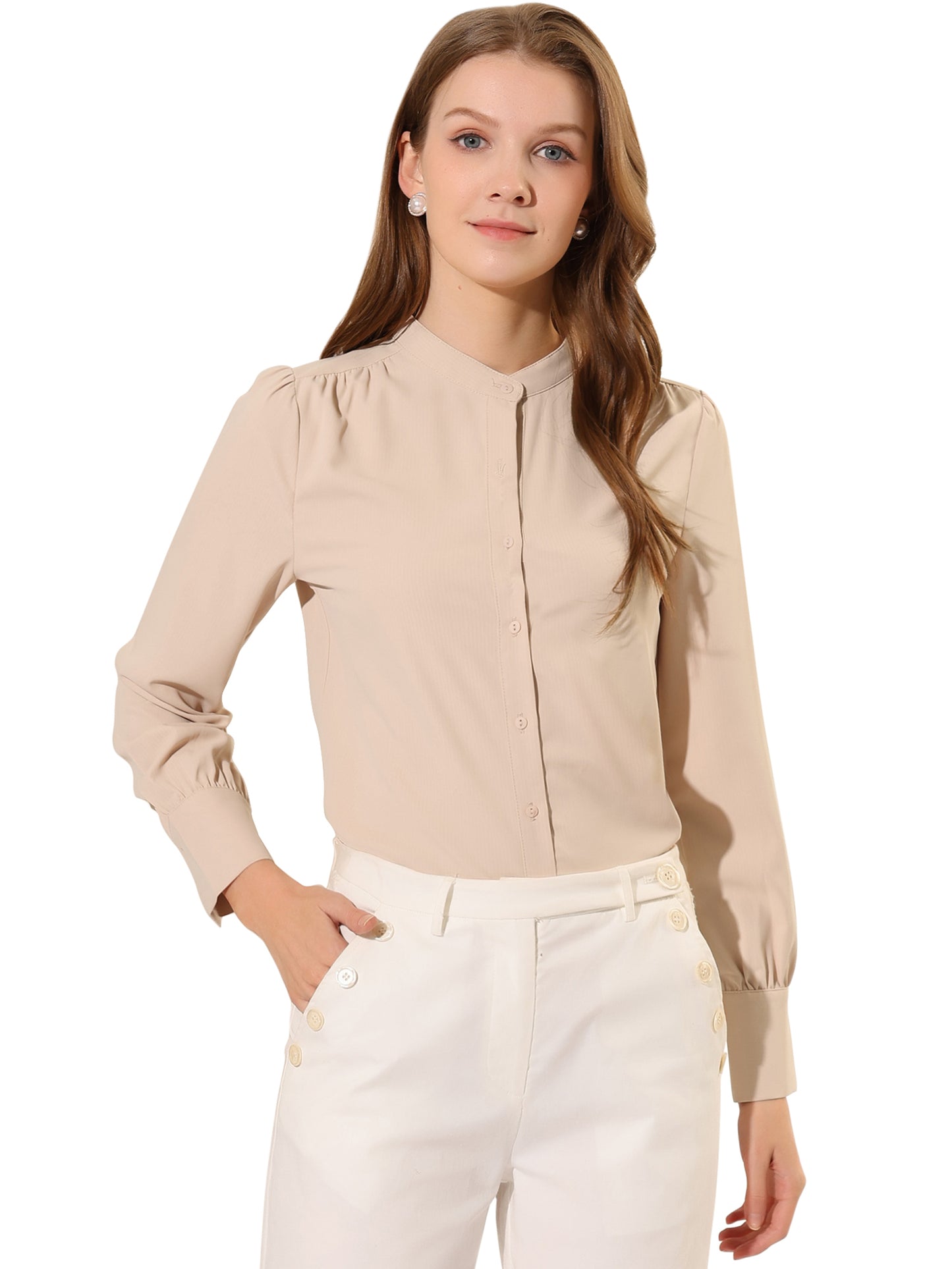 Women's Button Down Long Sleeve Mandarin Collar Work Shirt (Available in Plus Size)