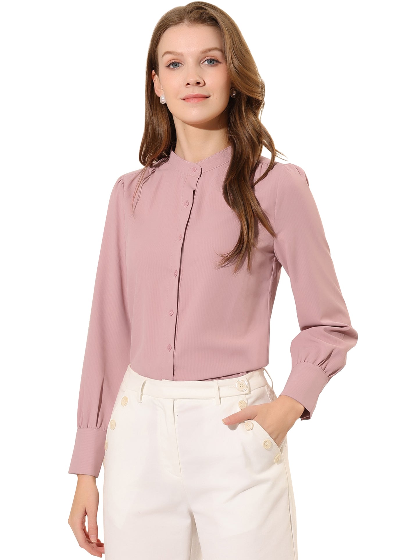 Women's Button Down Long Sleeve Mandarin Collar Work Shirt (Available in Plus Size)