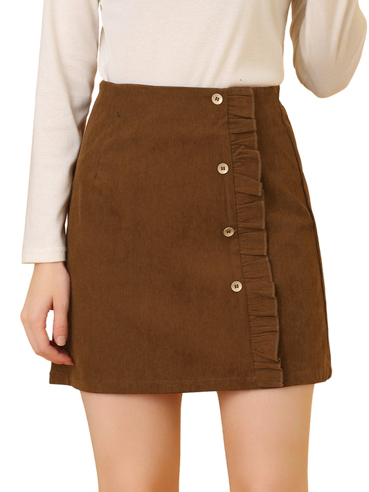 Women's Corduroy Button Decor Ruffled Trim High Waist Short Skirt (Available in Plus Size)