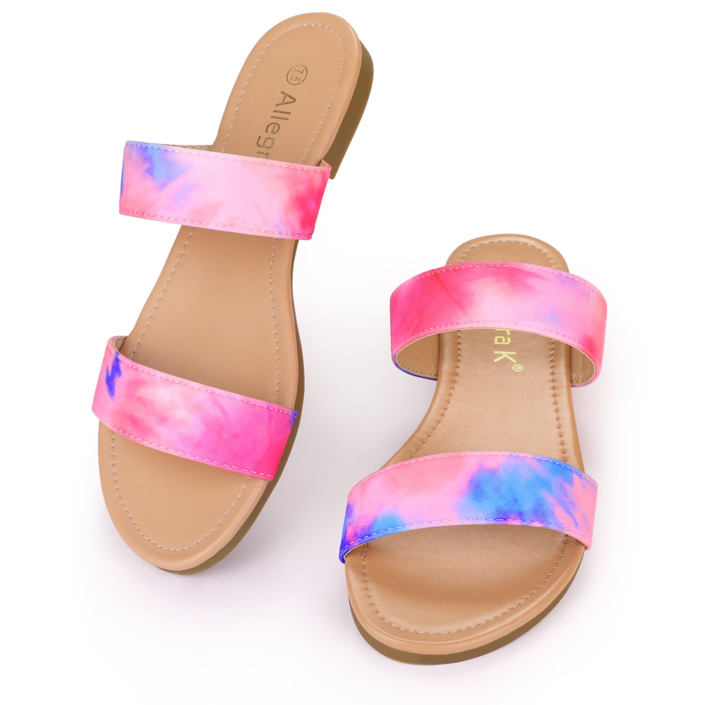 Women's Tie Dye Dual Straps Slip On Fluorescent Slides Flats Sandals