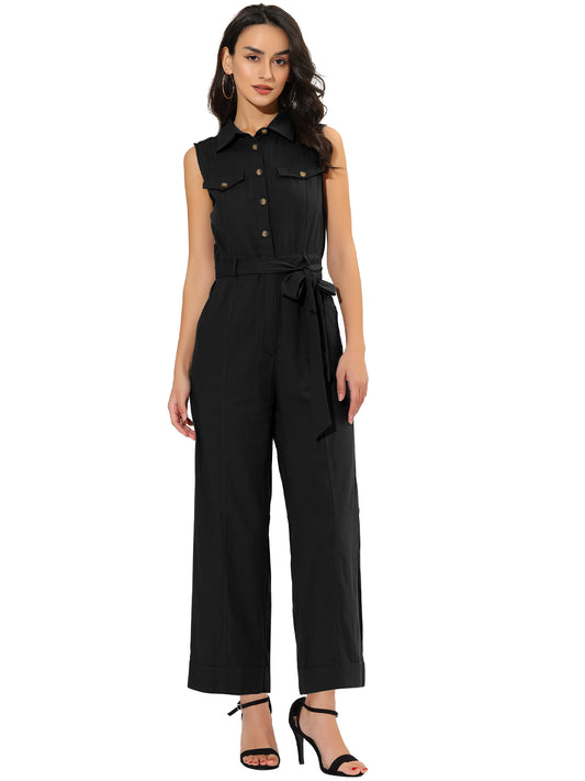 Women's Wide Leg Jumpsuit Sleeveless Collared Tie Waist Coverall Button Down Cargo Jumpsuits