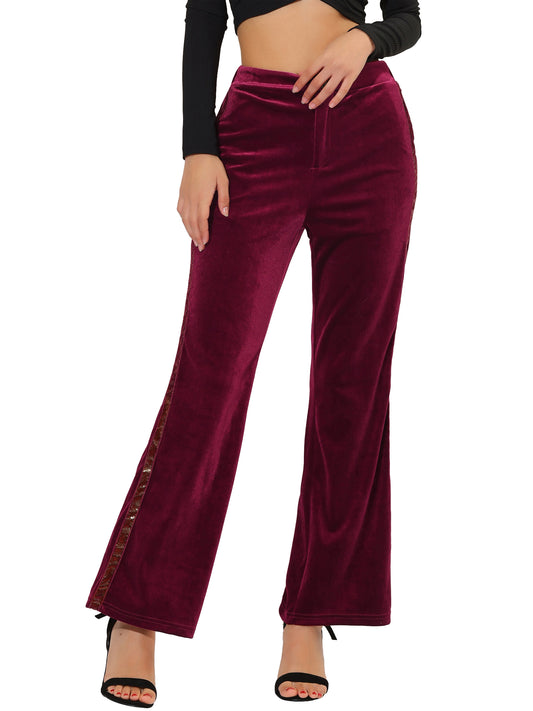 Women's Bell Bottom Pants Shiny Stripe Side Wide Leg Velvet Flared Pants with Pockets