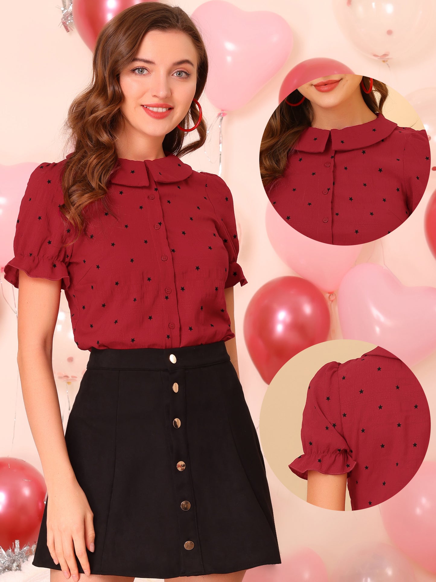 Women's Peter Pan Collar Top Textured Stars Ruffle Button Down Shirt
