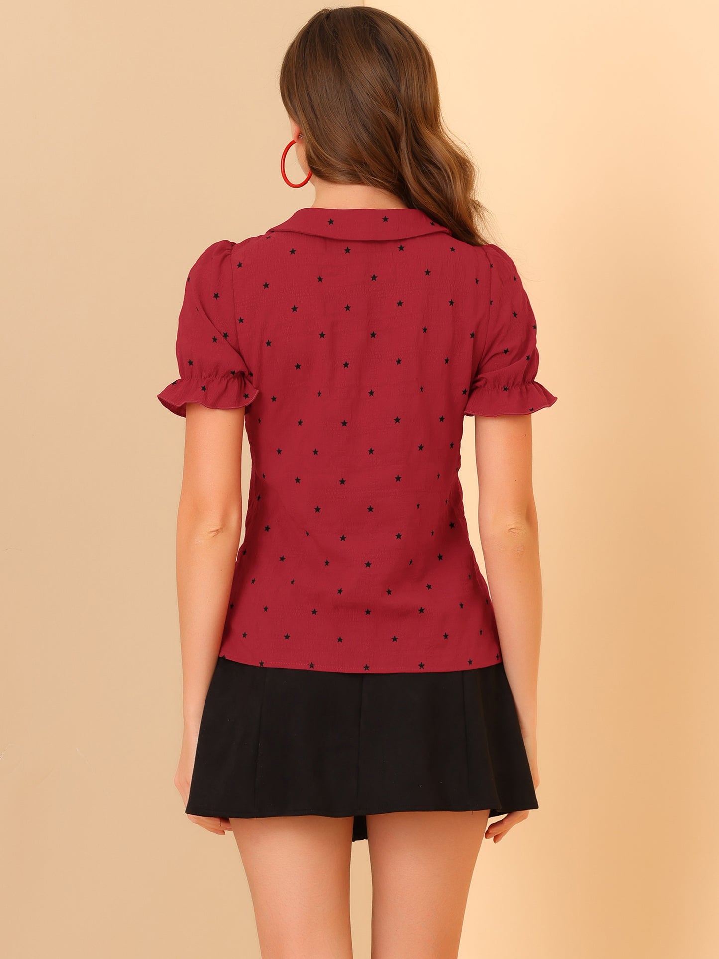 Women's Peter Pan Collar Top Textured Stars Ruffle Button Down Shirt