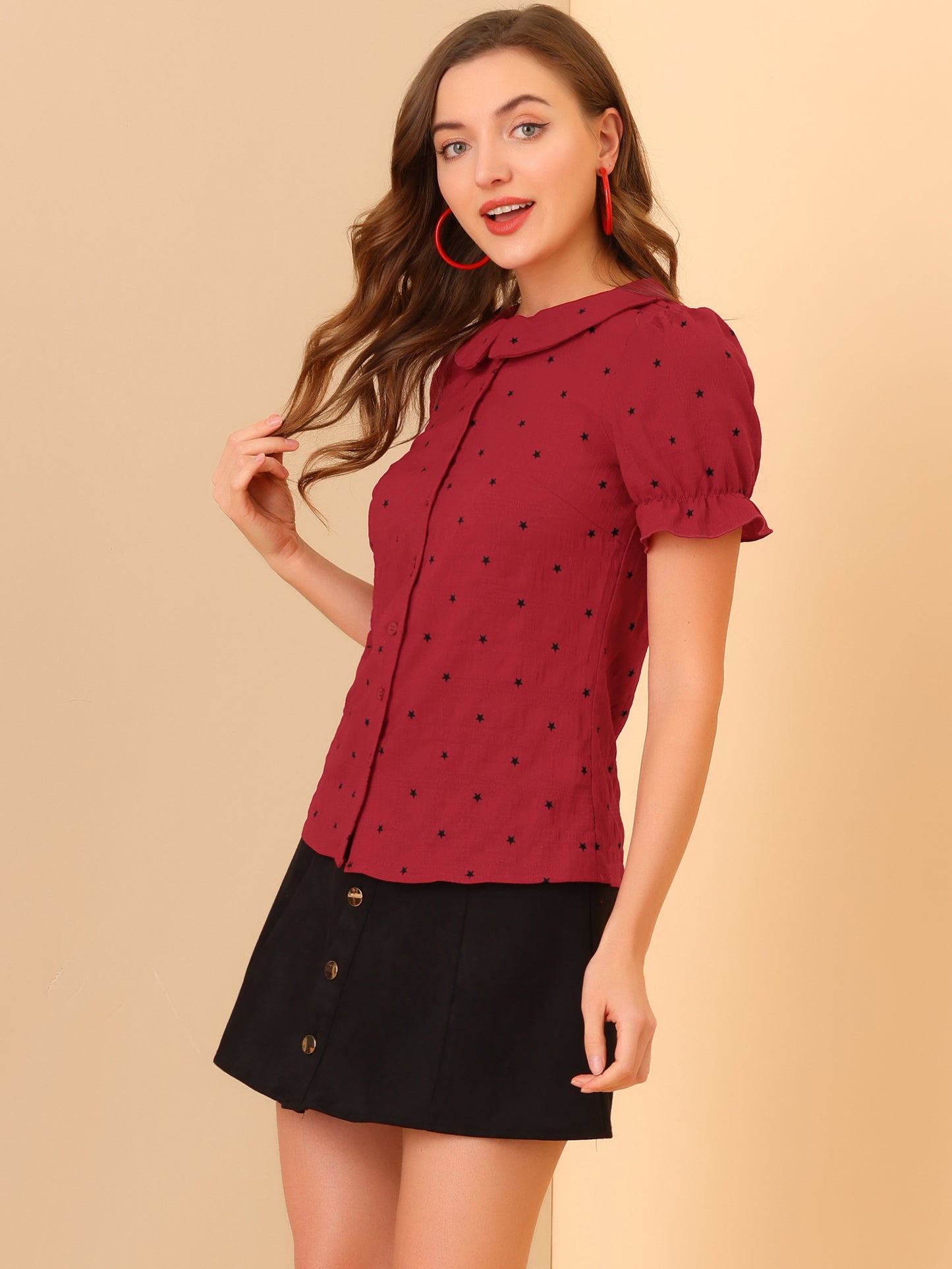 Women's Peter Pan Collar Top Textured Stars Ruffle Button Down Shirt