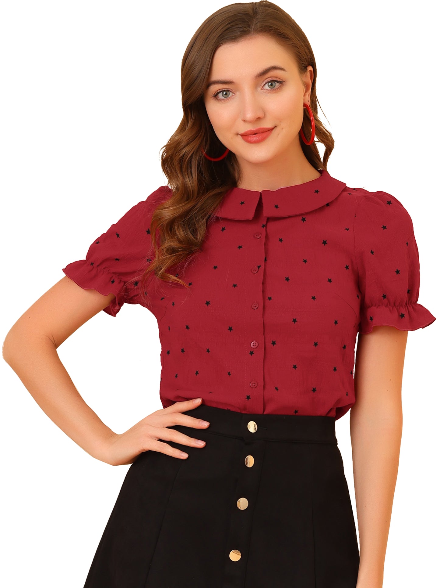 Women's Peter Pan Collar Top Textured Stars Ruffle Button Down Shirt