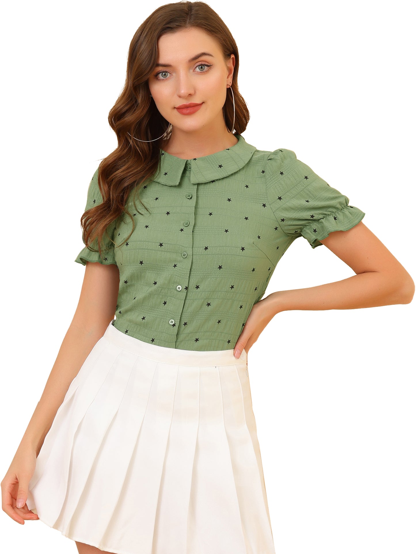 Women's Peter Pan Collar Top Textured Stars Ruffle Button Down Shirt