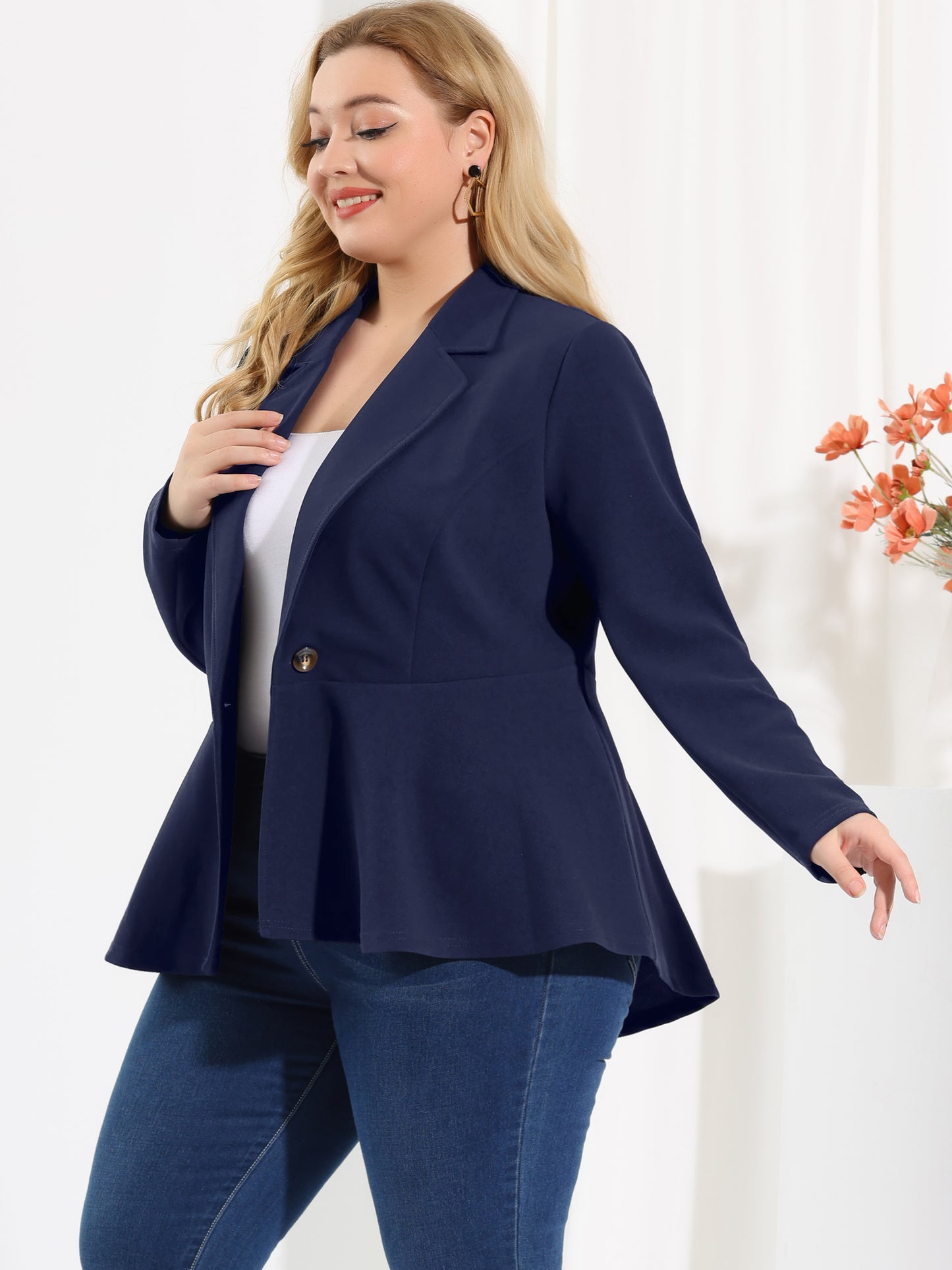Women's Plus Size Blazer Ruffle V Neck Long Sleeve Notch Panel Button Peplum Work Office Blazers