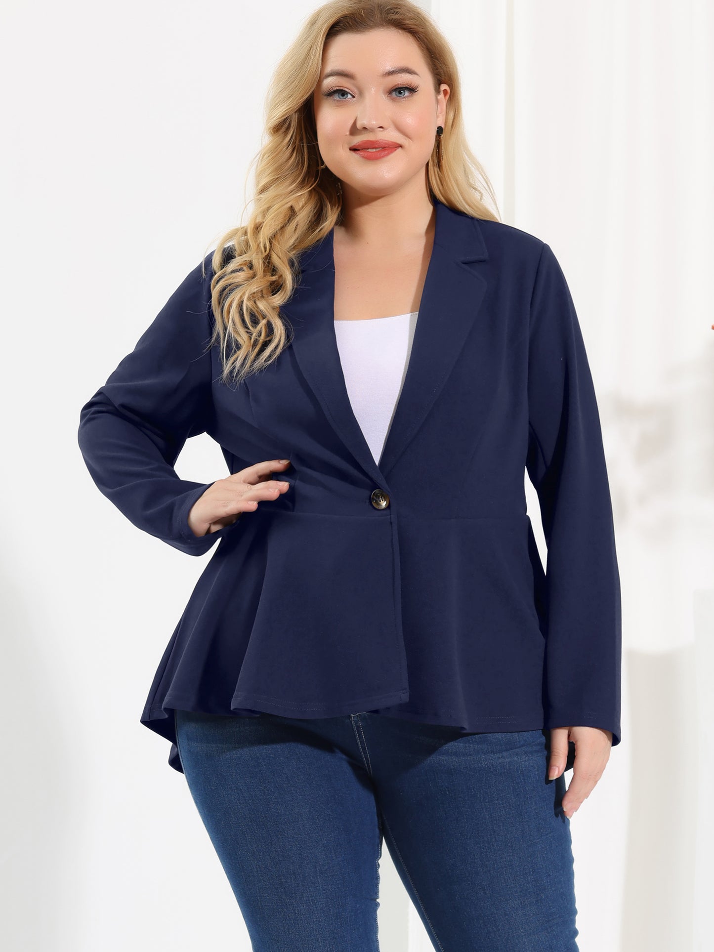 Women's Plus Size Blazer Ruffle V Neck Long Sleeve Notch Panel Button Peplum Work Office Blazers