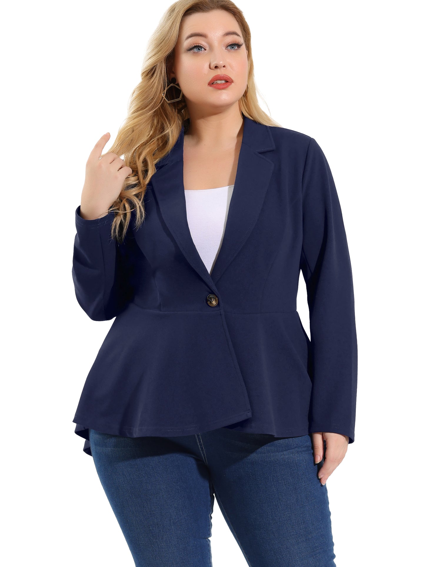 Women's Plus Size Blazer Ruffle V Neck Long Sleeve Notch Panel Button Peplum Work Office Blazers